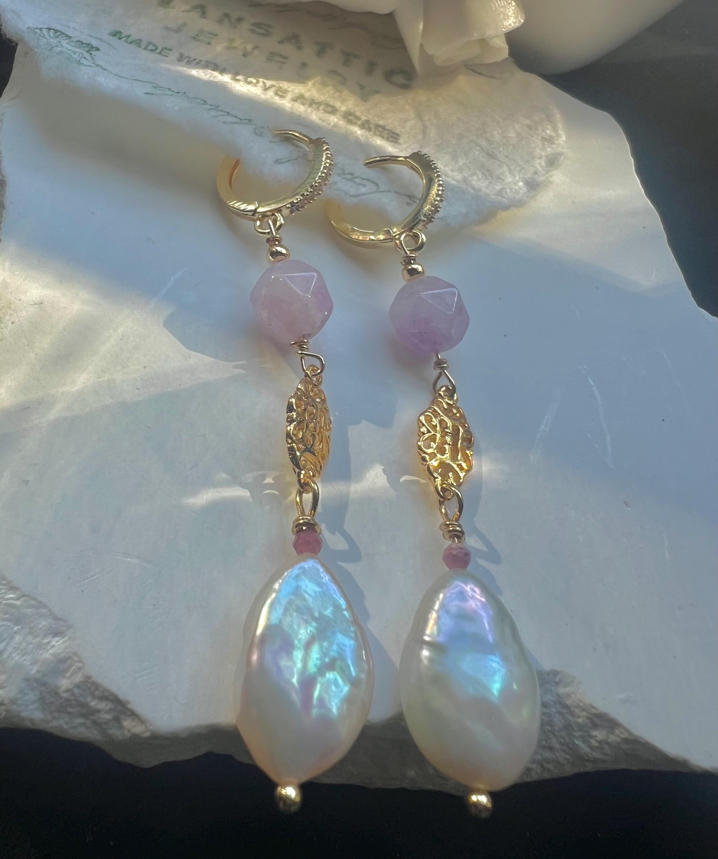 Baroque Pearl Earrings with Lavender Quartz, Gold Filigree Dangle Earrings, Victorian Style Huggie Hoops, Gift for Her