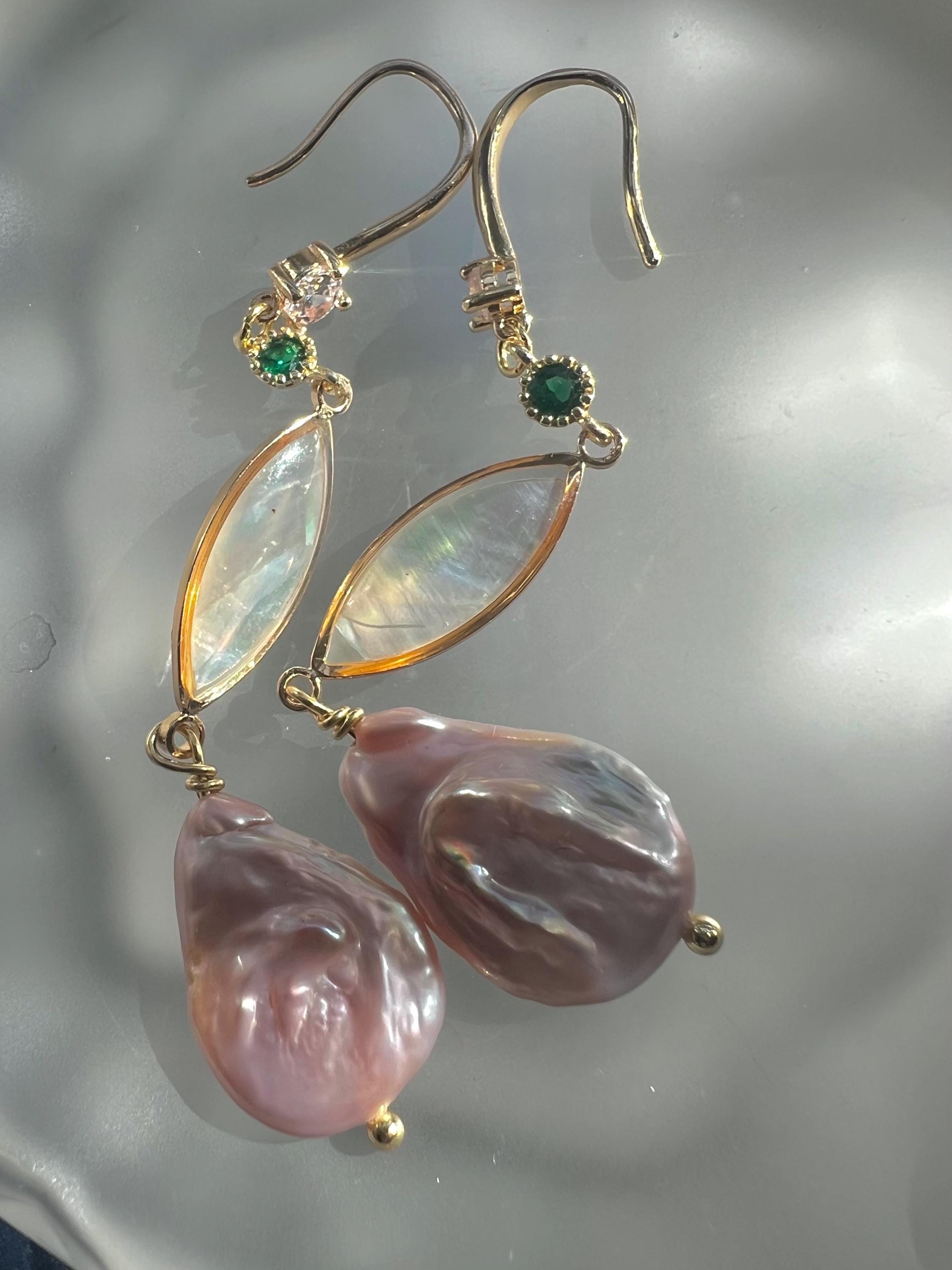 Baroque Pearl Drop Earrings with Lavender Quartz, Gold Filigree Dangle Earrings, Victorian Style Huggie Hoops, Unique Bridal Jewelry Gift