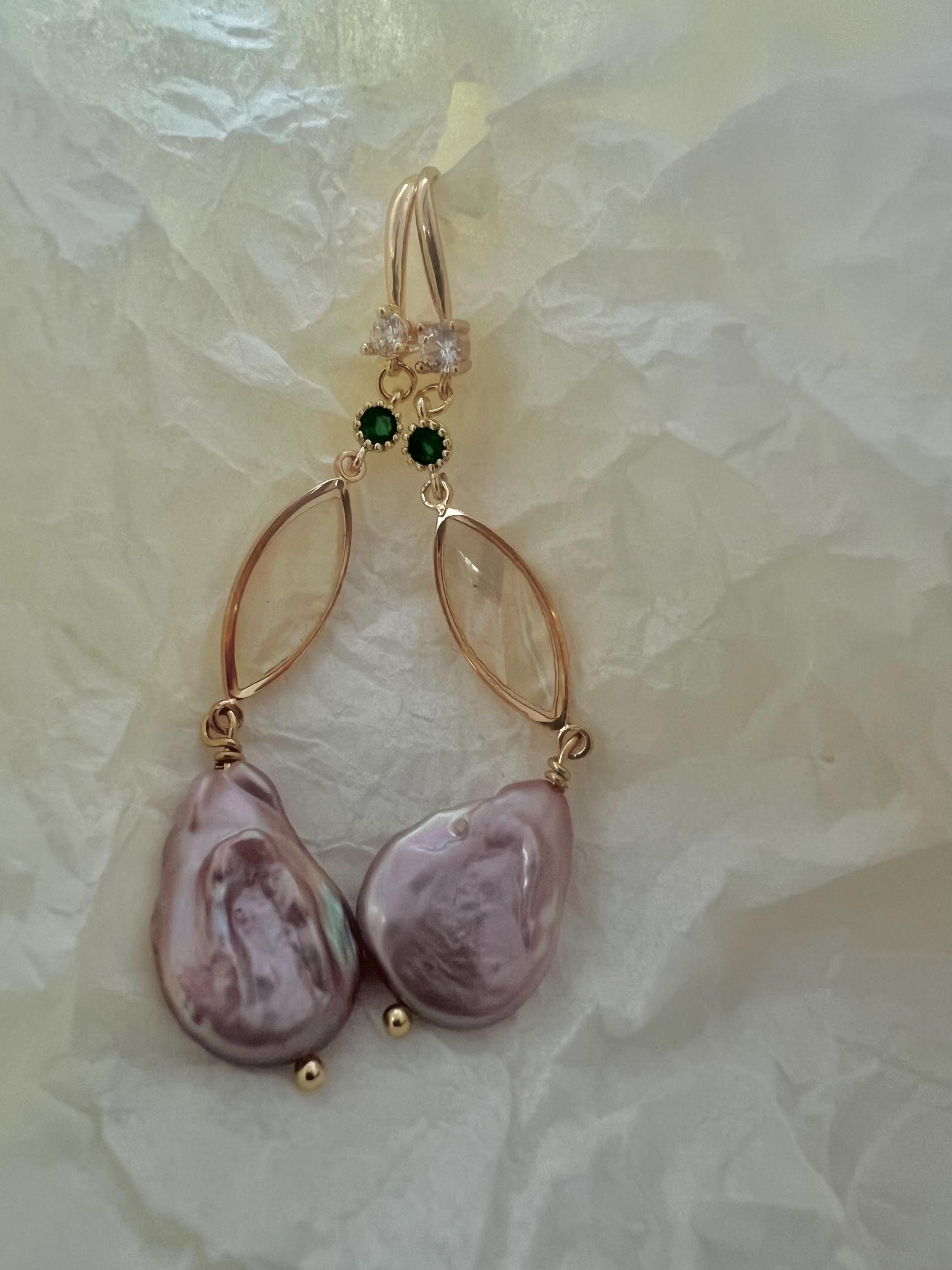 Baroque Pearl Drop Earrings with Lavender Quartz, Gold Filigree Dangle Earrings, Victorian Style Huggie Hoops, Unique Bridal Jewelry Gift
