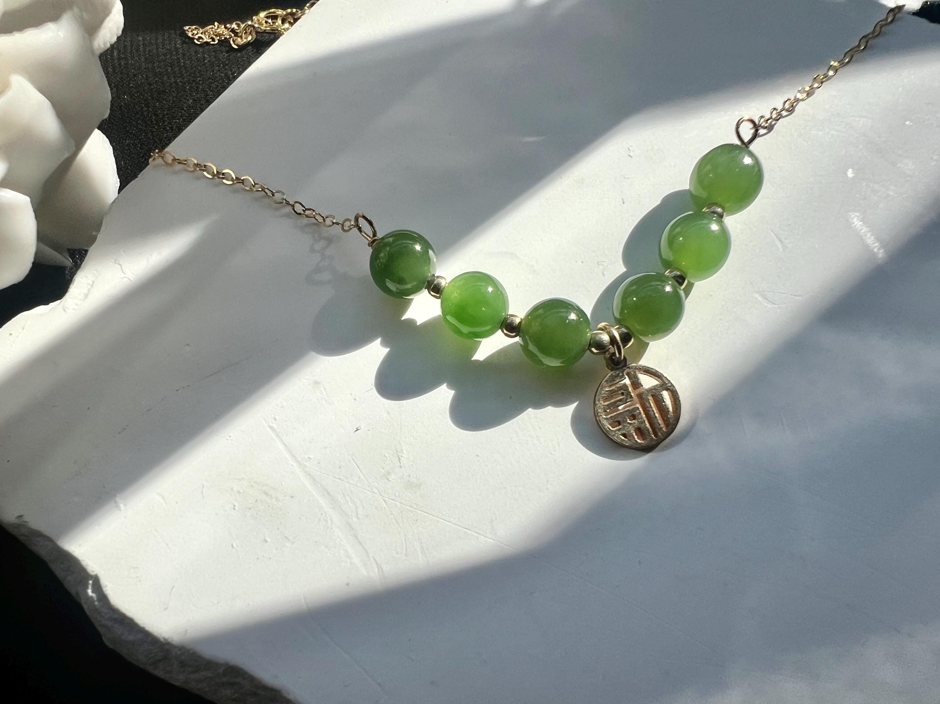 Dainty Green Jade Necklace • 6 Tiny Jade Beads on Gold Chain • Gold filled Minimalist Choker • Lucky Jade Jewelry Gift for Her