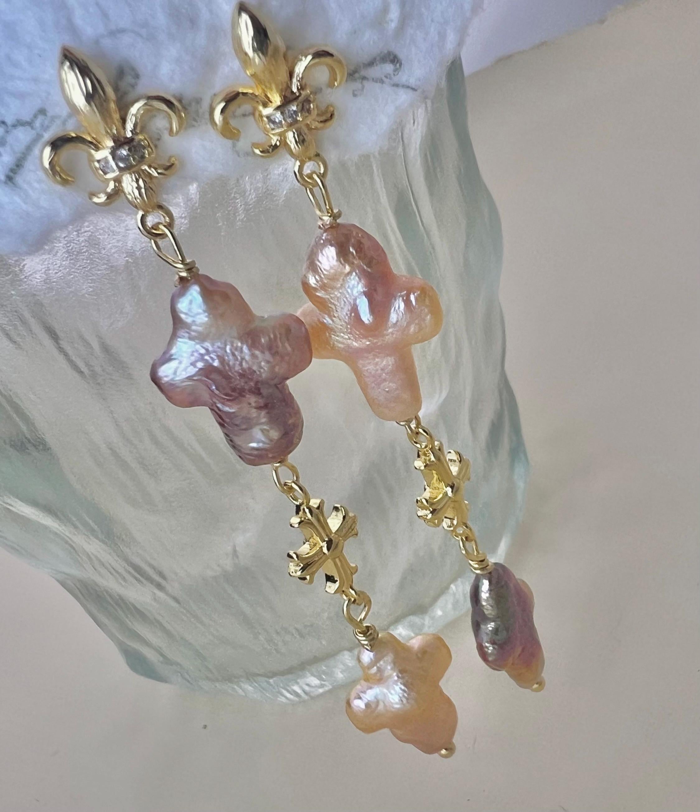 Baroque Pearl Cross Earrings, Fleur De Lis Dangle Earrings, Renaissance Style Gold Jewelry, Iridescent Multi-Color Freshwater Pearls.