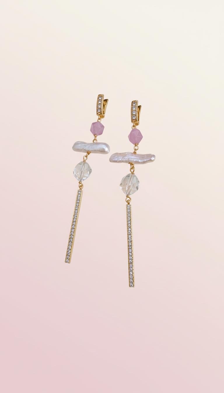 Chic freshwater pearl purple gemstone earrings. Diamond bar earrings. Stylish earrings.Raw crystal earrings.