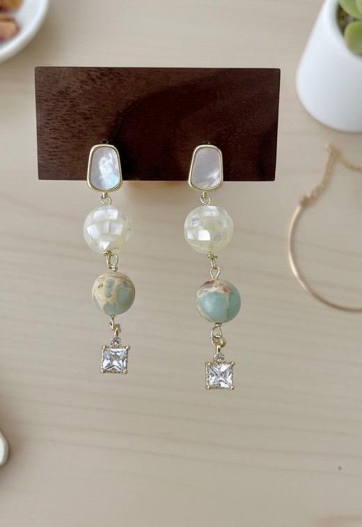 Amazonite and Mother of Pearl Drop Earrings, Geometric MOP Dangle, Natural Blue Stone Jewelry, White Shell Mosaic Earrings, Gold Plated Boho