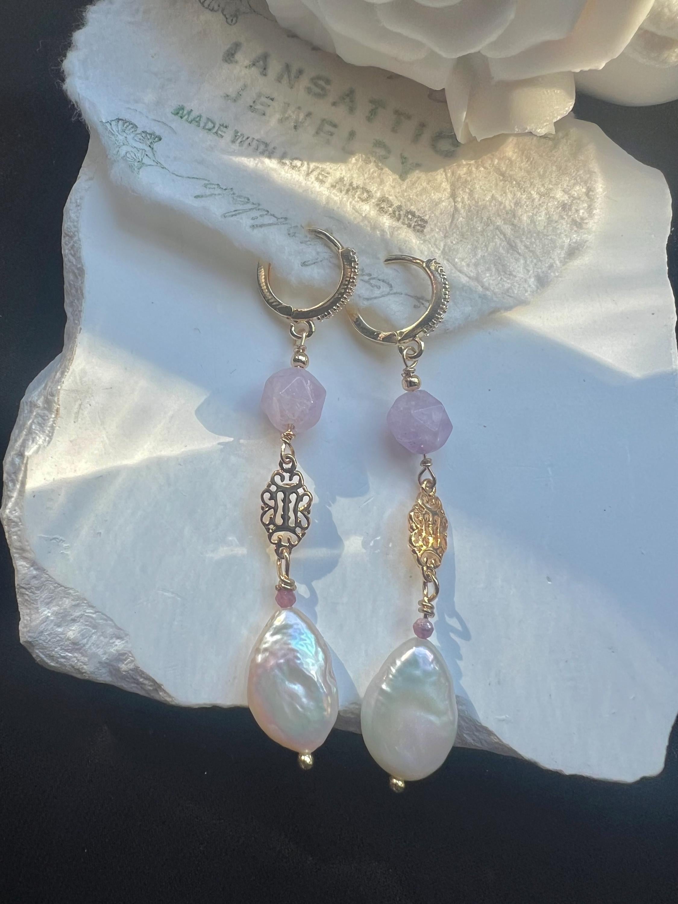 Baroque Pearl Earrings with Lavender Quartz, Gold Filigree Dangle Earrings, Victorian Style Huggie Hoops, Gift for Her
