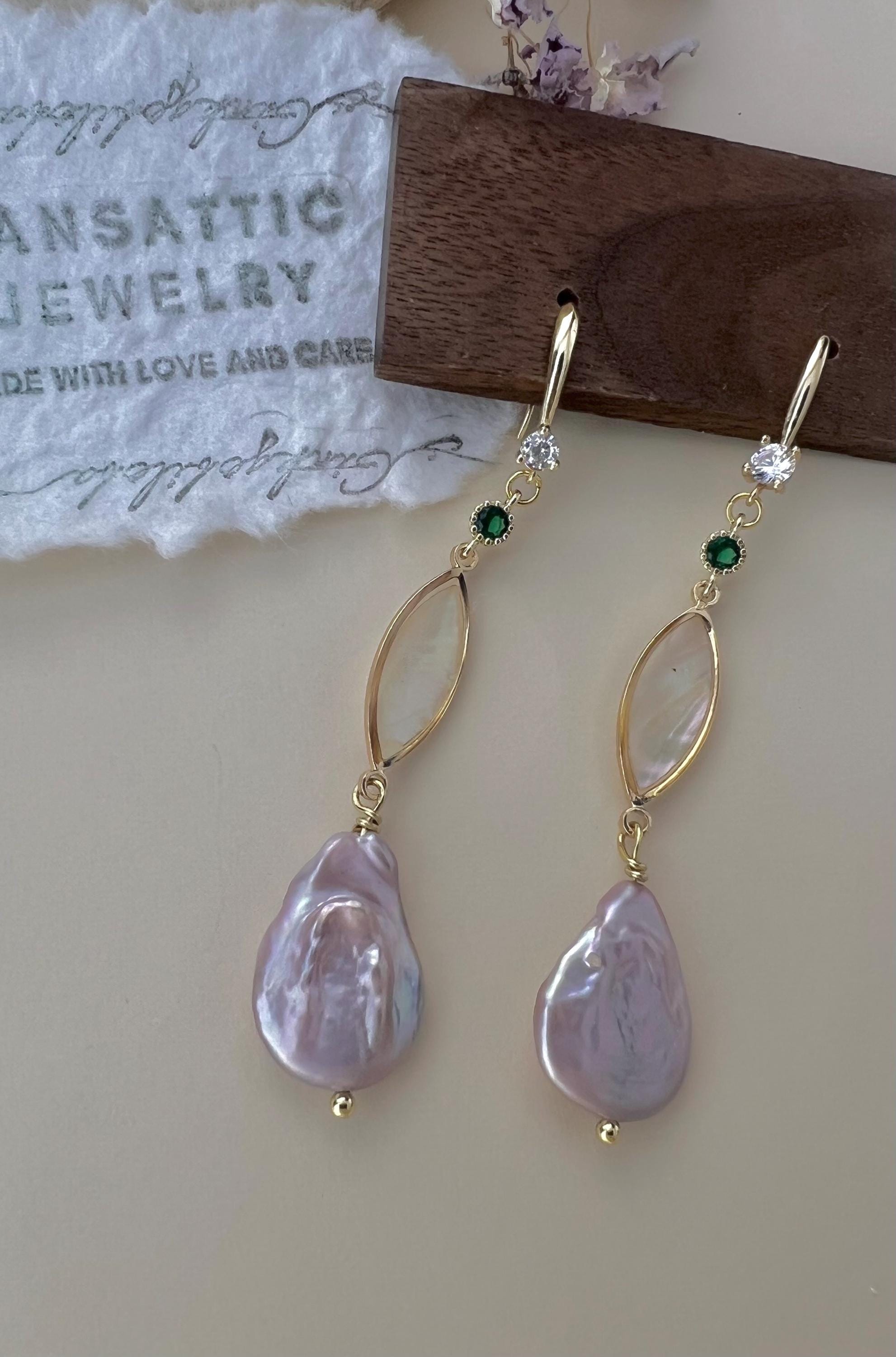Baroque Pearl Drop Earrings with Lavender Quartz, Gold Filigree Dangle Earrings, Victorian Style Huggie Hoops, Unique Bridal Jewelry Gift