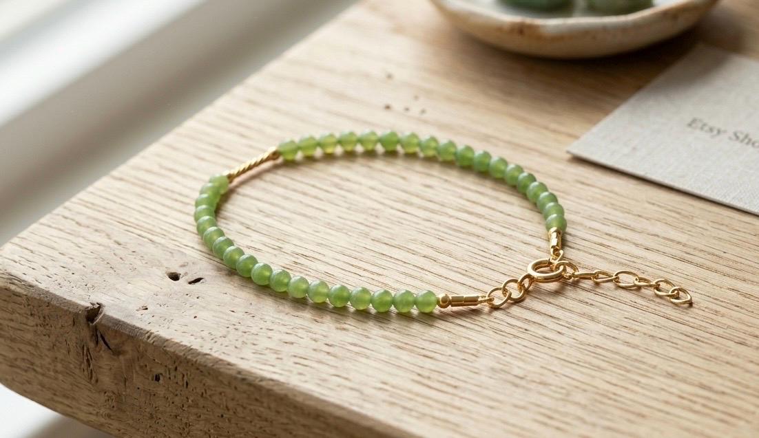 Dainty Green Jade Bead Bracelet with 14k gold filled Chain Extender | Minimal Natural Jade Jewelry