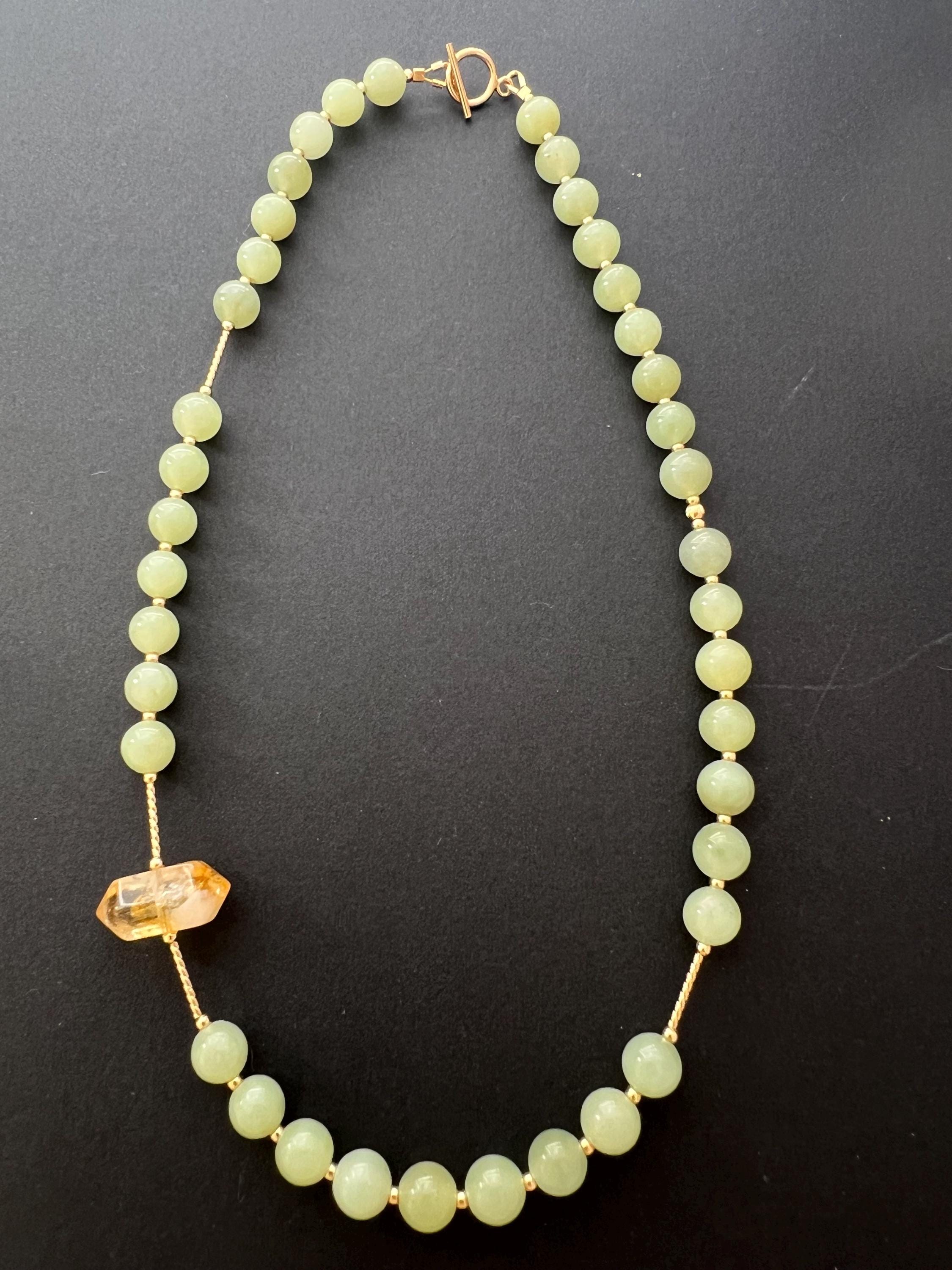 Green Jade Bead Necklace with Raw Citrine Pendant, Healing Crystal Necklace, Natural Jade Jewelry, Minimalist Crystal Necklace, Energy Jewel