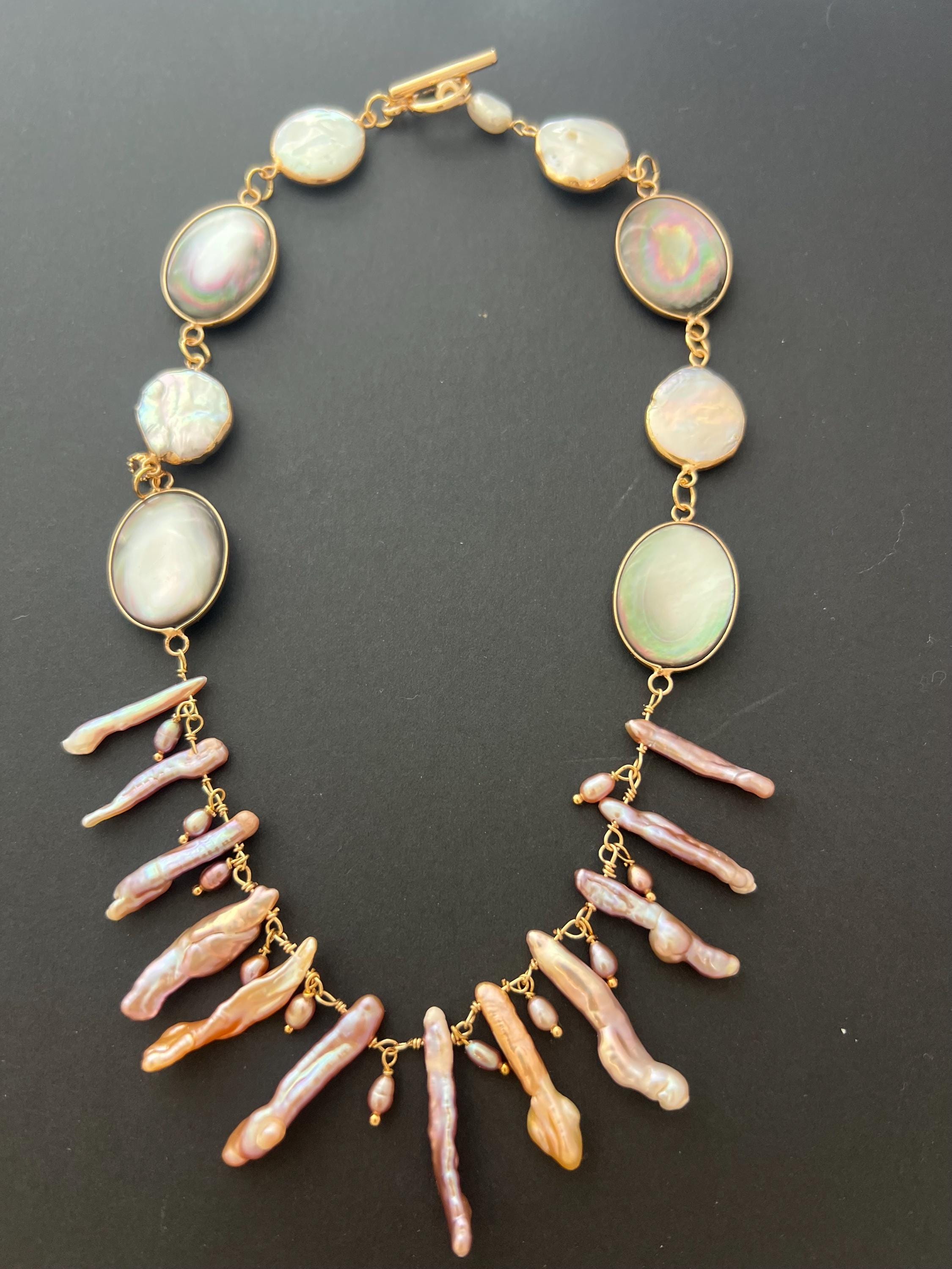 Baroque Pearl Statement Necklace, Ocean Inspired Jewelry, Pink Pearl Necklace, Mother of Pearl Necklace, Artisan Pearl Jewelry Gift for Her