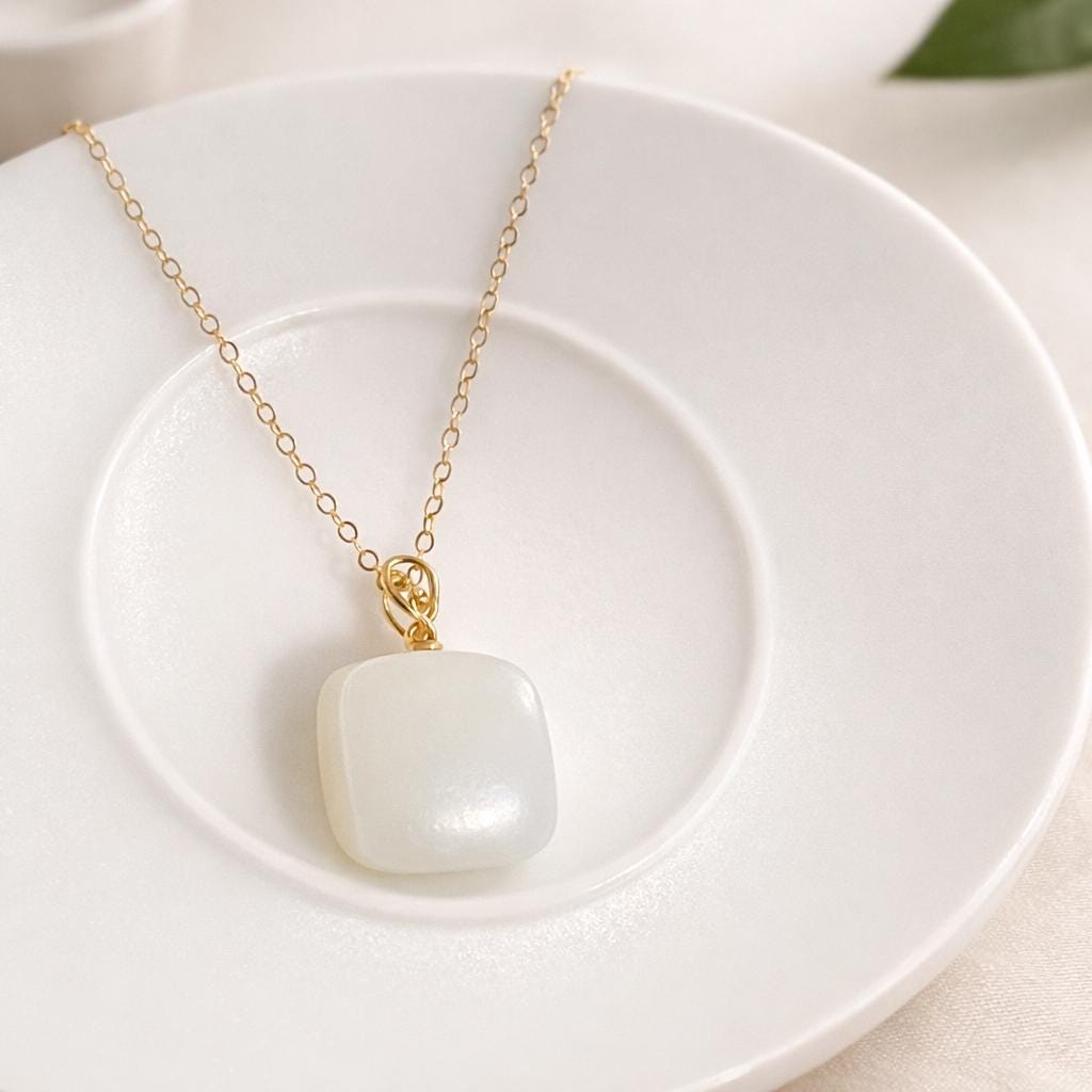 White Jade Pendant Necklace 18K solid Gold | Minimalist Jade Necklace | Square Jade Pendant | Elegant Fine Jewelry | Gift for Her