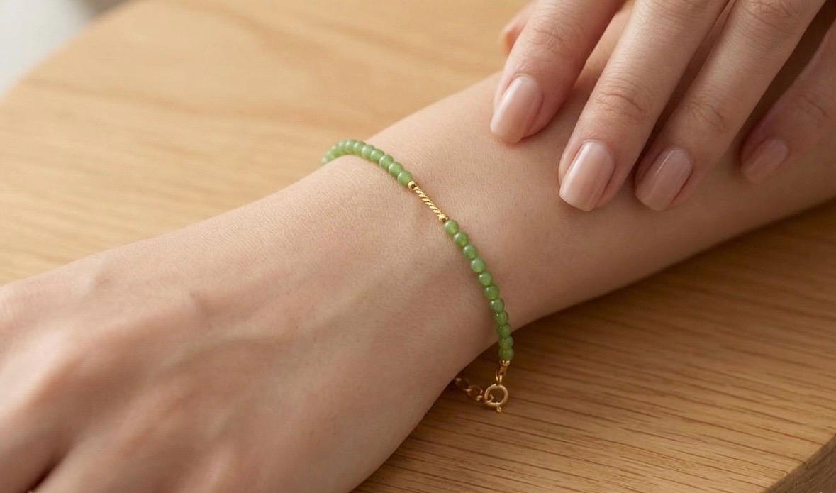 Dainty Green Jade Bead Bracelet with 14k gold filled Chain Extender | Minimal Natural Jade Jewelry
