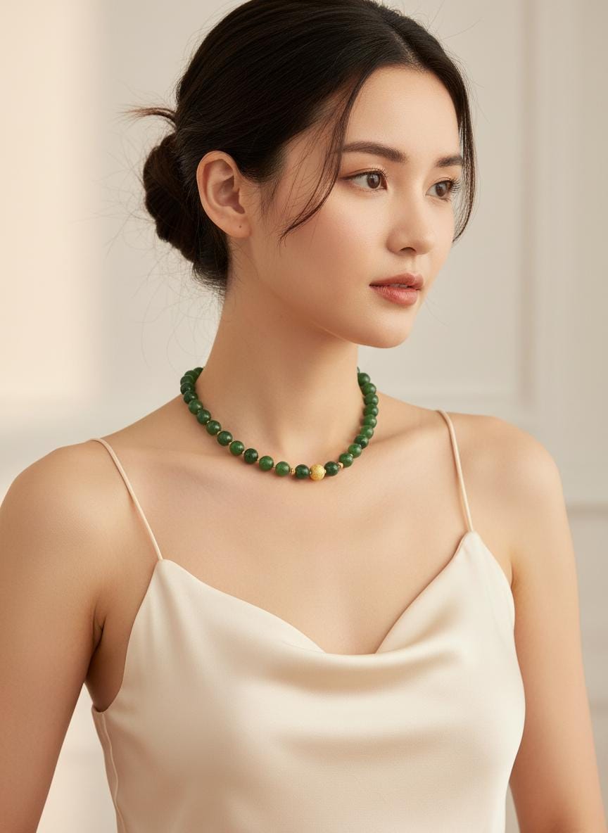 Green Jade Bead Necklace with Gold Accent, Minimalist Jade Necklace, Handmade Gemstone Necklace, Elegant Jade Jewelry Gift