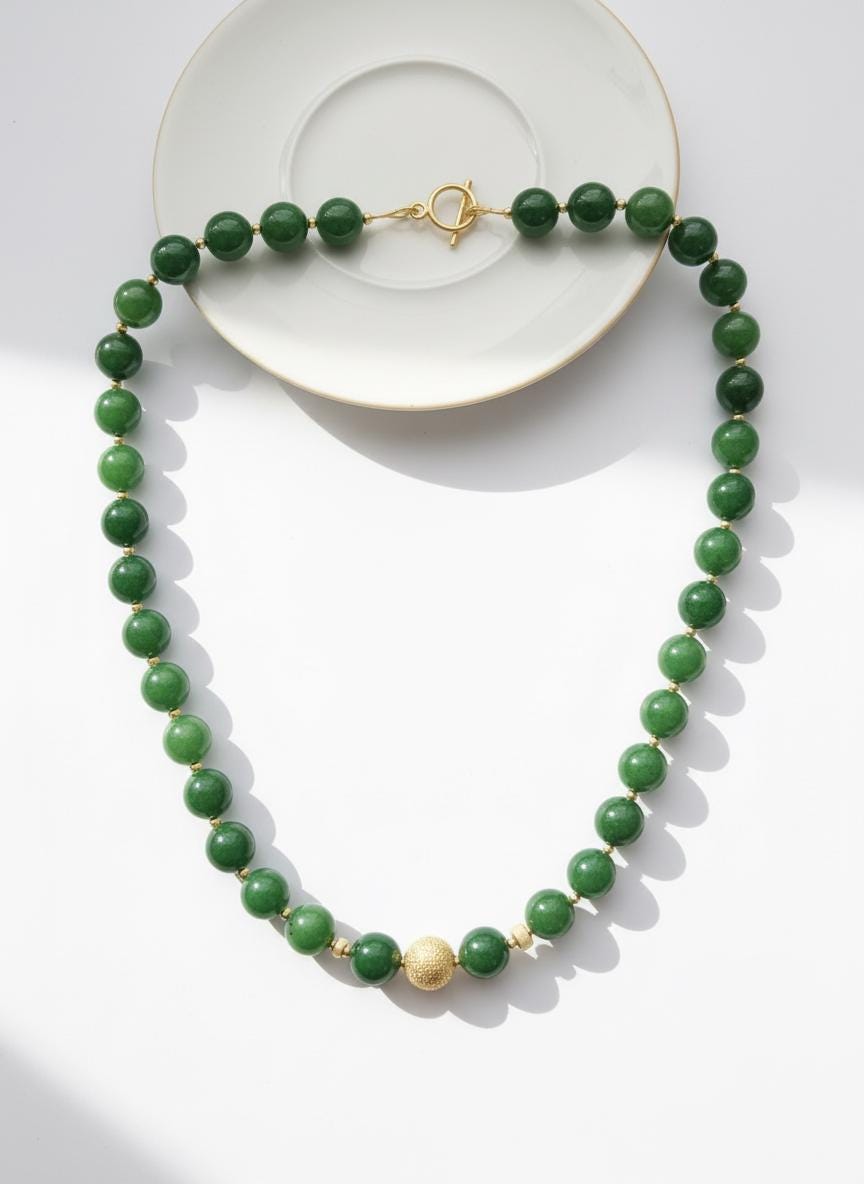 Green Jade Bead Necklace with Gold Accent, Minimalist Jade Necklace, Handmade Gemstone Necklace, Elegant Jade Jewelry Gift
