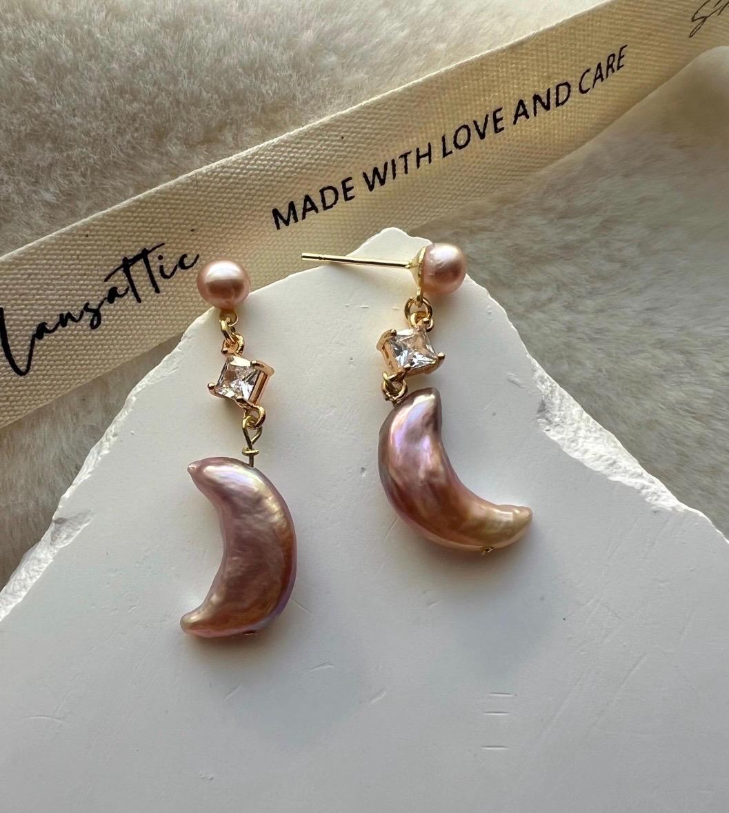 Baroque Pearl Moon Earrings, Crescent Pearl Dangle Earrings, Gold Filled Pearl Earrings, Lavender Pearl Earrings, Statement Pearl Jewelry