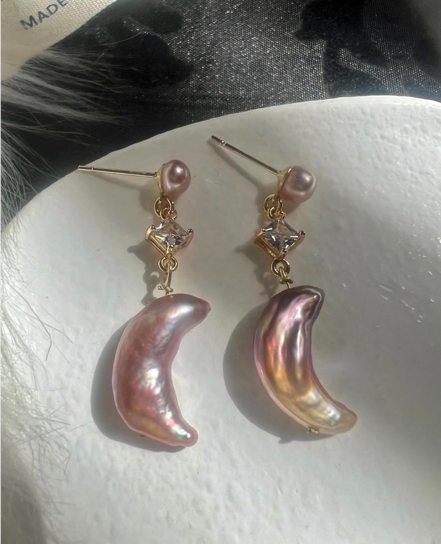Baroque Pearl Moon Earrings, Crescent Pearl Dangle Earrings, Gold Filled Pearl Earrings, Lavender Pearl Earrings, Statement Pearl Jewelry