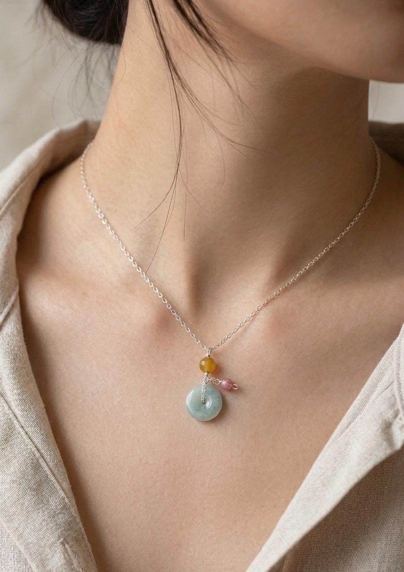 Natural Jadeite Donut Necklace, 14K Gold Filled Chain, Green Jadeite Pendant 1.1cm, Minimalist Jadeite Jewelry, Type A Jade Necklace