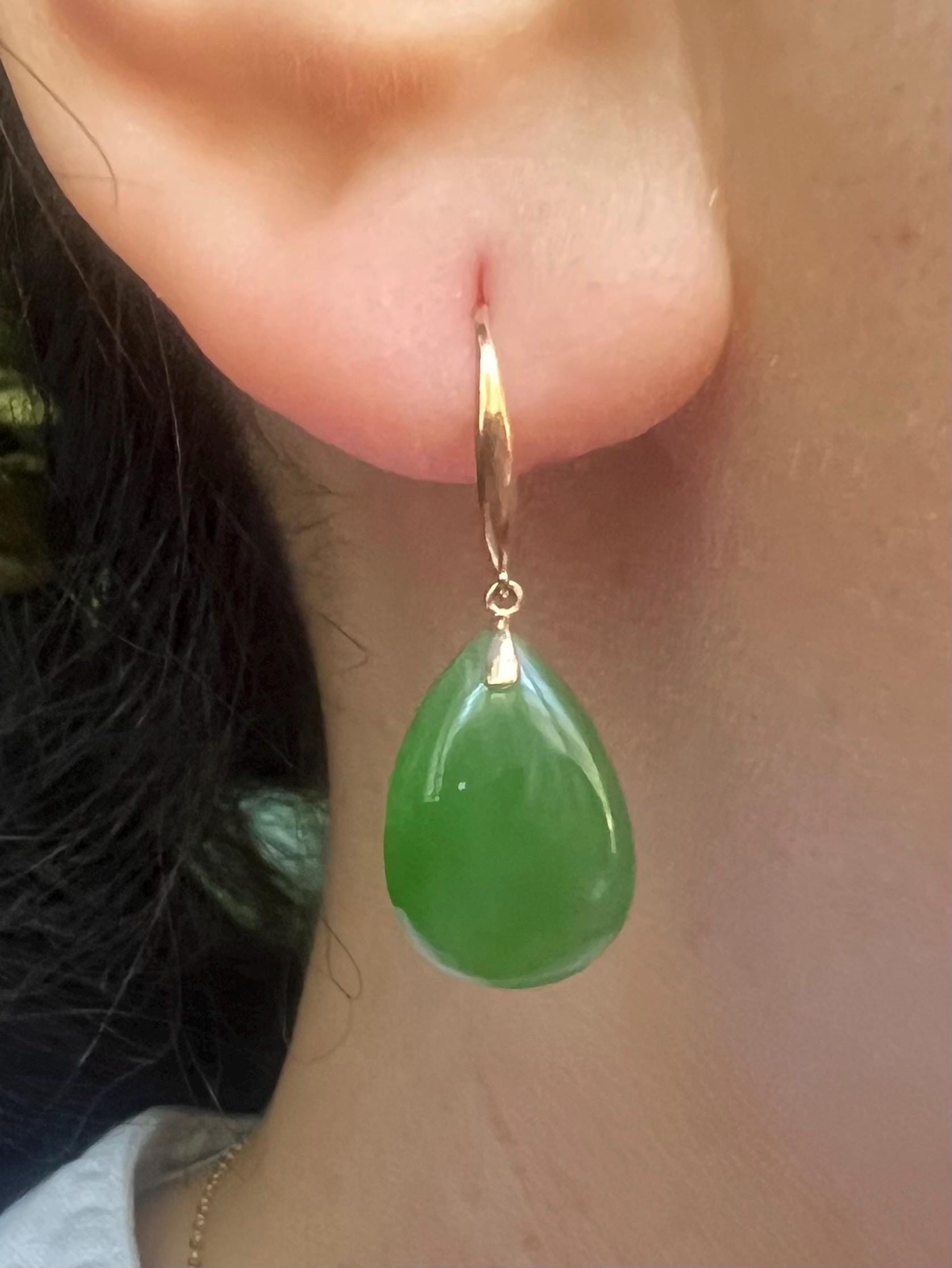 Natural Green Jade Drop Earrings 18K solid Gold | Jade Teardrop Earrings | Minimalist Jade Jewelry | Elegant Jade Dangle Earrings