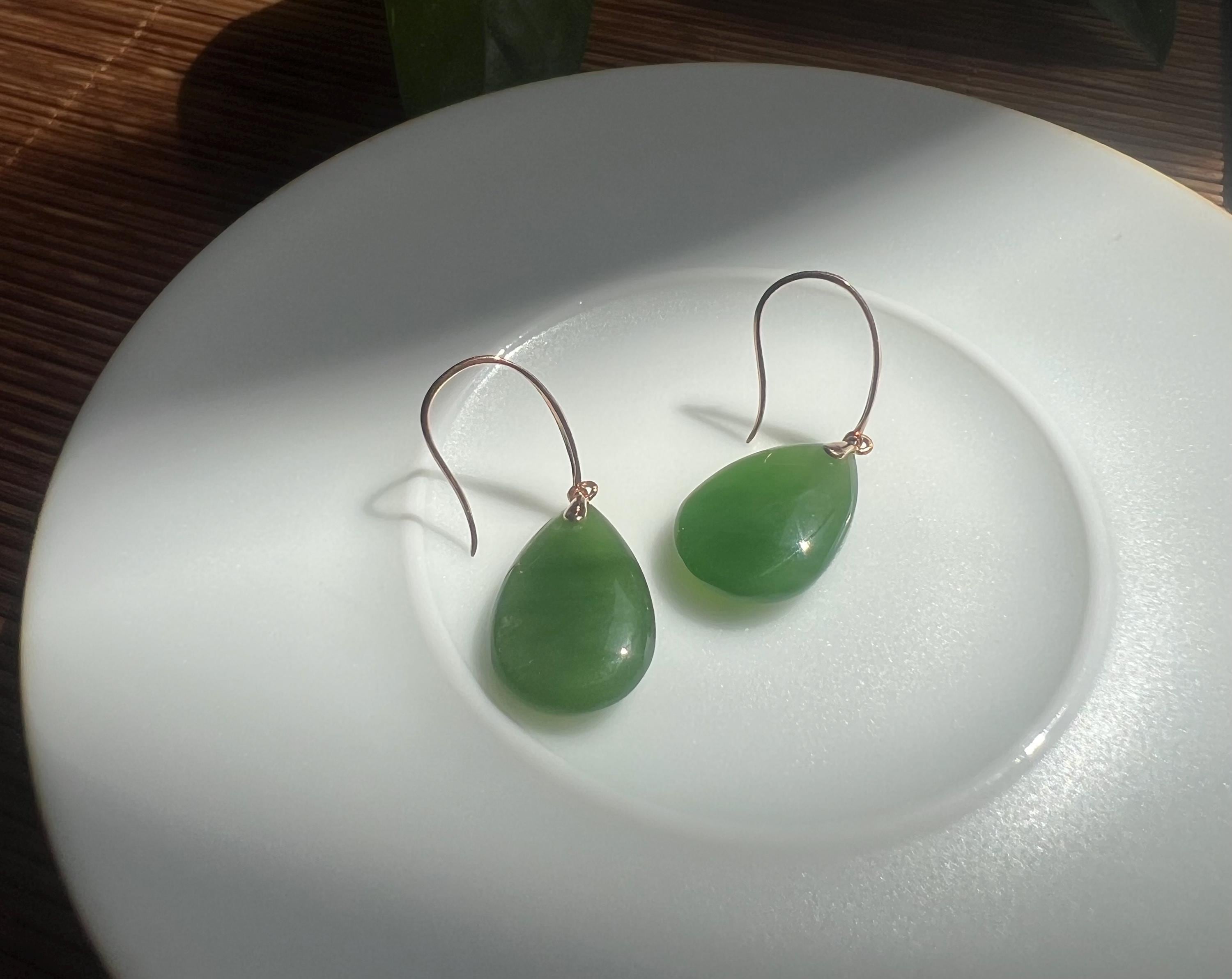 Natural Green Jade Drop Earrings 18K solid Gold | Jade Teardrop Earrings | Minimalist Jade Jewelry | Elegant Jade Dangle Earrings