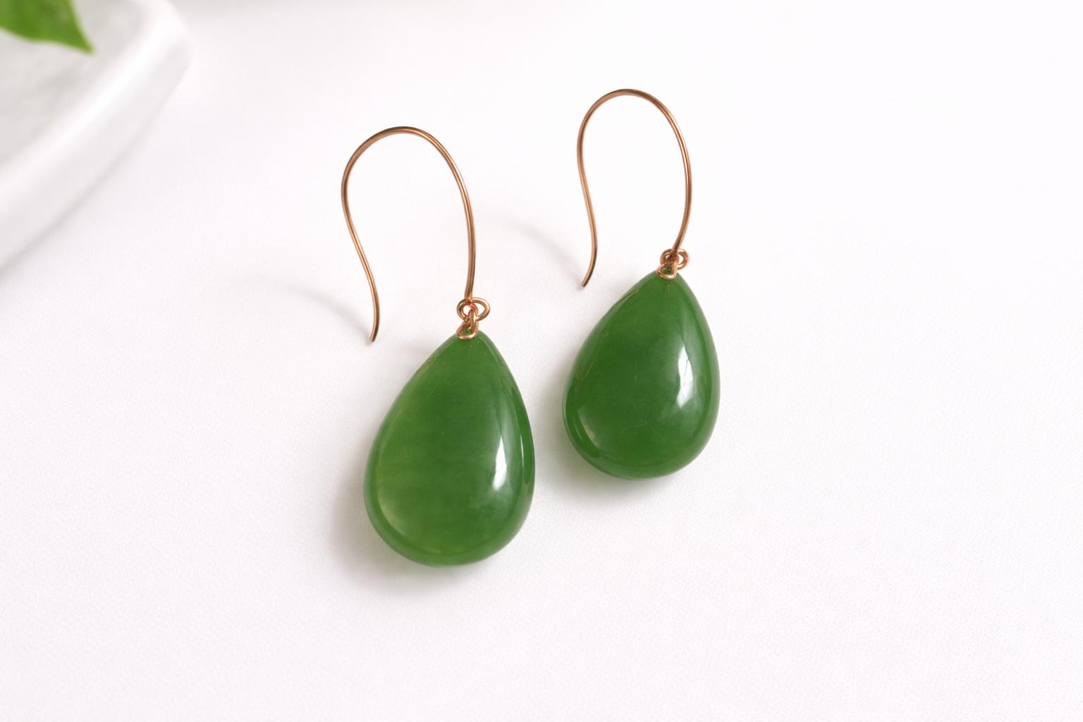Natural Green Jade Drop Earrings 18K solid Gold | Jade Teardrop Earrings | Minimalist Jade Jewelry | Elegant Jade Dangle Earrings