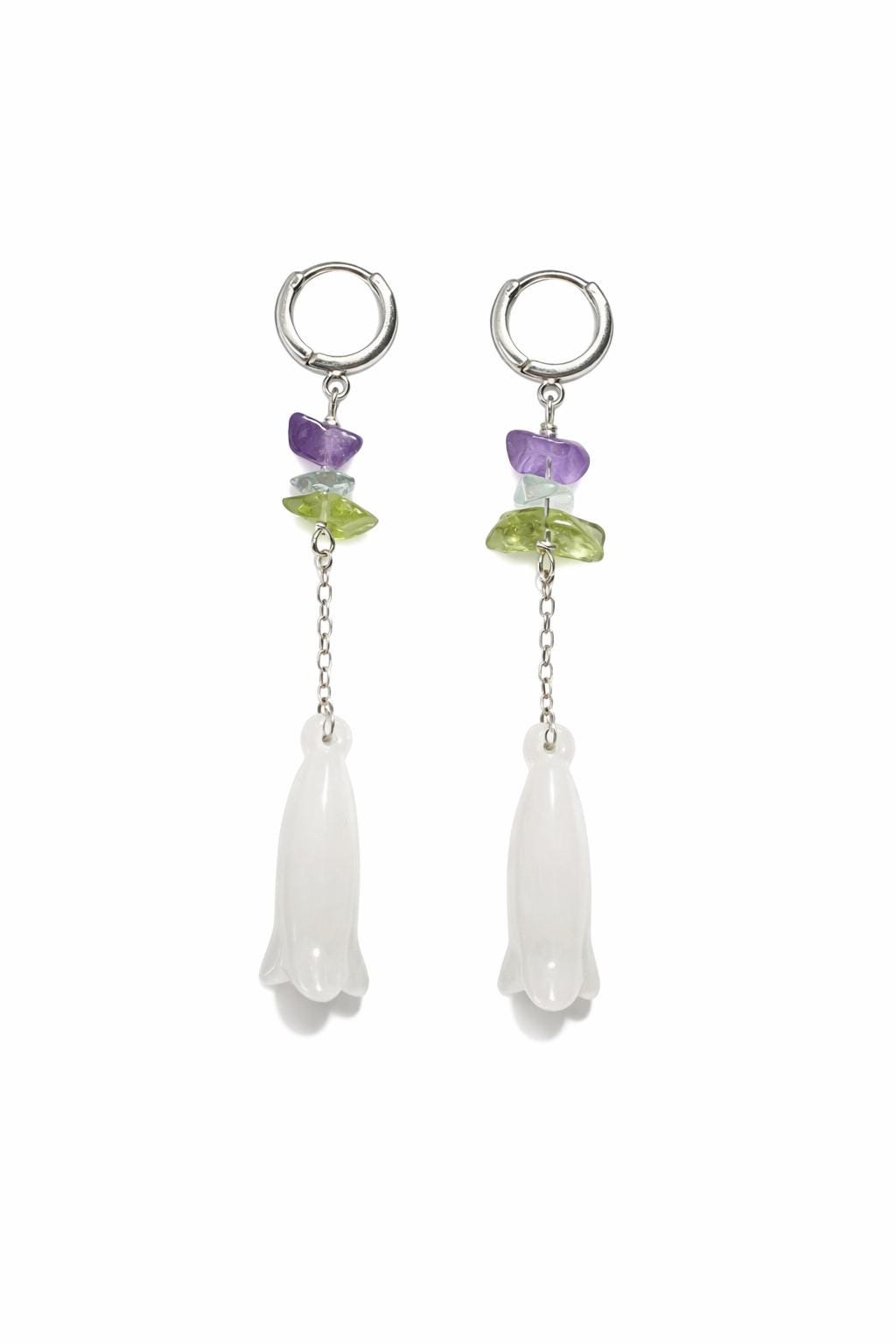 White Jade Flower Earrings, 925 Sterling Silver, Amethyst Prehnite Aquamarine, Dangle Gemstone Earrings, Handmade Pastel Jewelry, Gift