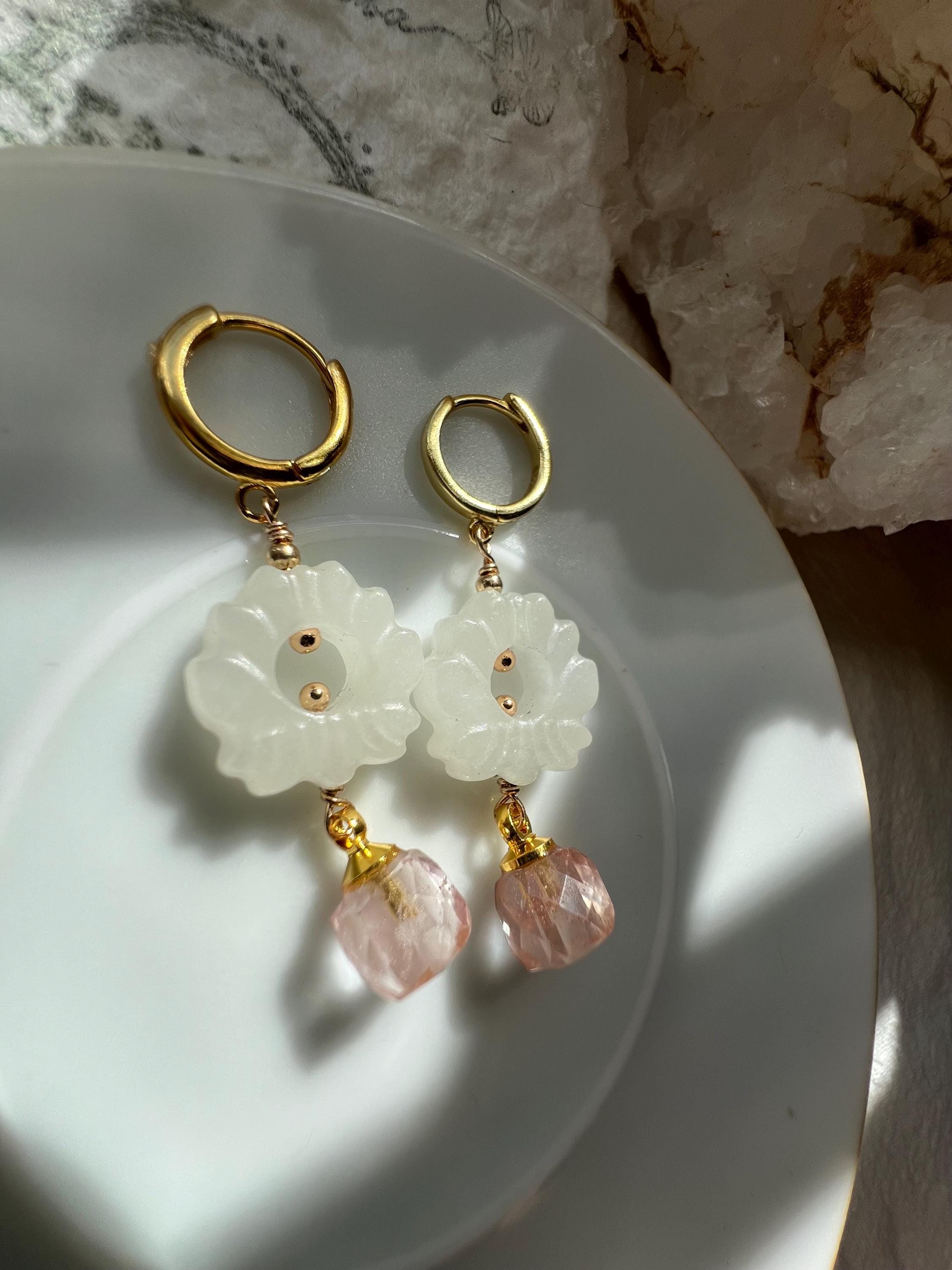 Gold Vermeil Carved White Jade Flower Drop Earrings, Faceted Pink Tourmaline or Ametrine Nugget, Minimalist Dainty Dangle, March birthstone.
