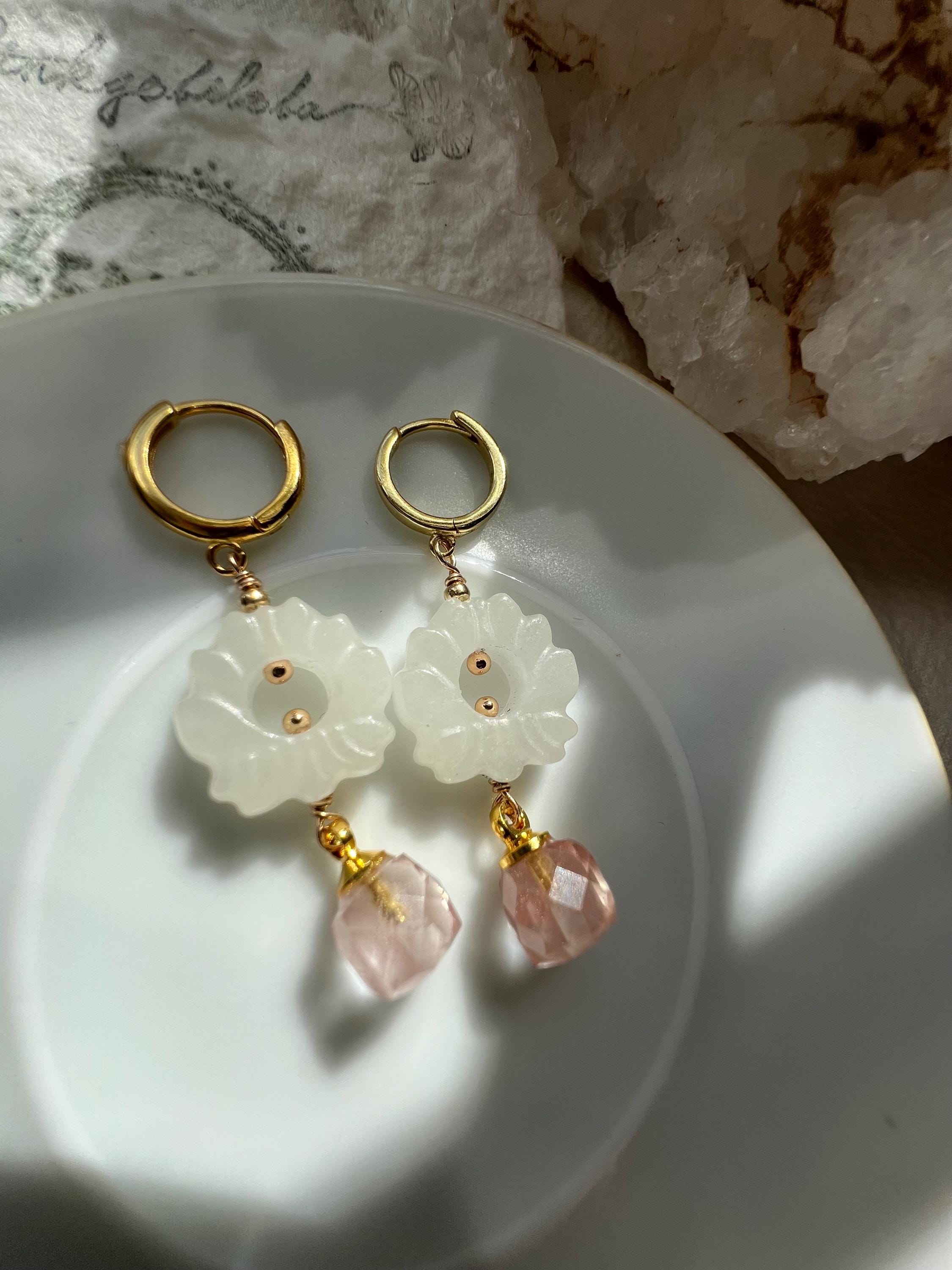 Gold Vermeil Carved White Jade Flower Drop Earrings, Faceted Pink Tourmaline or Ametrine Nugget, Minimalist Dainty Dangle, March birthstone.