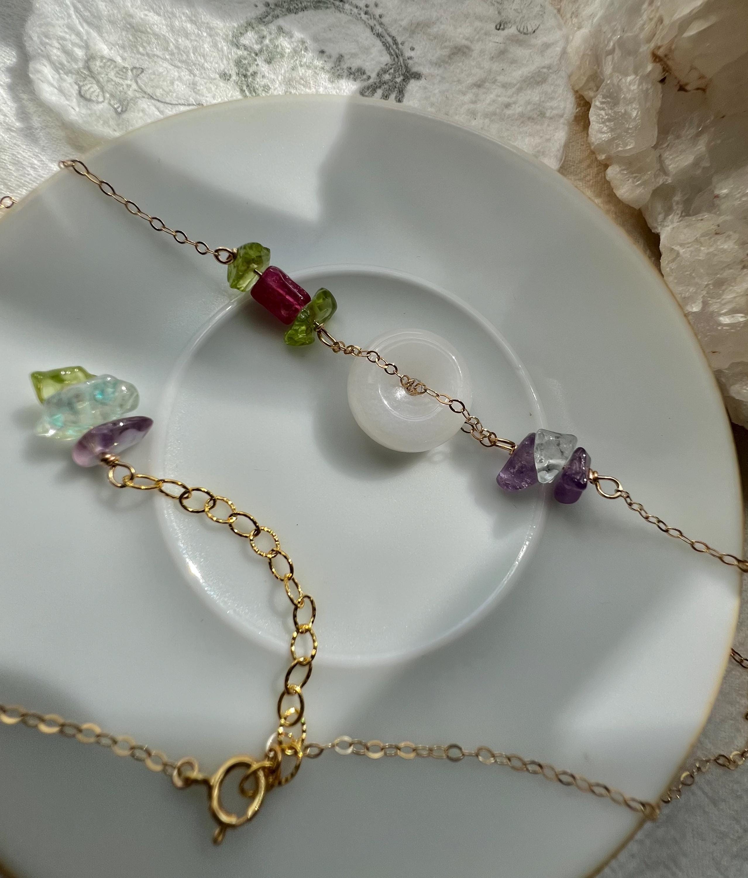 Multi Gemstone Choker Necklace, Gold Filled or Sterling Silver, Peridot Rubellite Amethyst Chips, White Jade Ring, Tourmaline Necklace