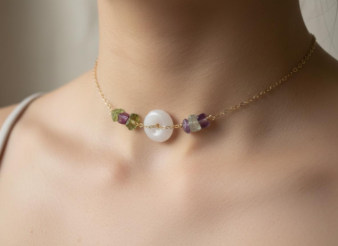 Multi Gemstone Choker Necklace, Gold Filled or Sterling Silver, Peridot Rubellite Amethyst Chips, White Jade Ring, Tourmaline Necklace