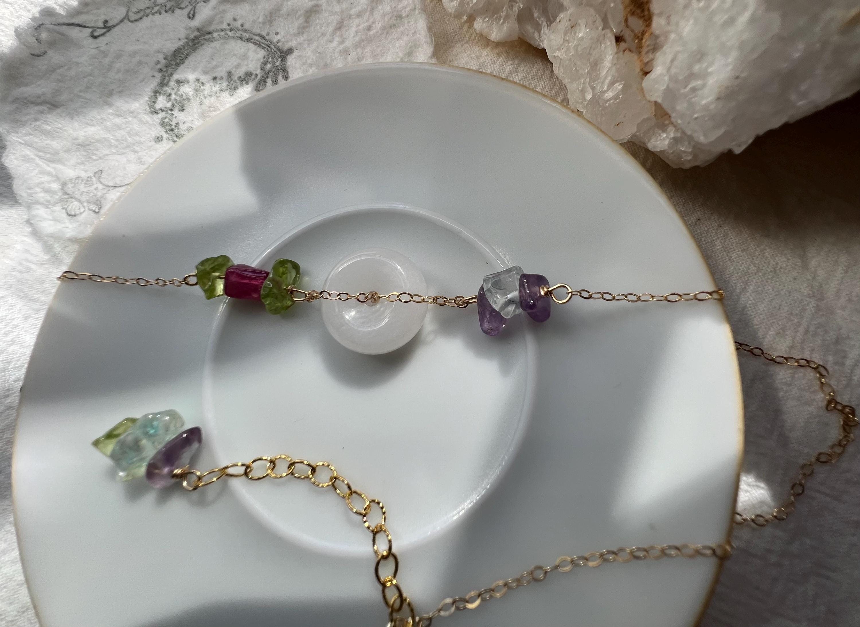 Multi Gemstone Choker Necklace, Gold Filled or Sterling Silver, Peridot Rubellite Amethyst Chips, White Jade Ring, Tourmaline Necklace