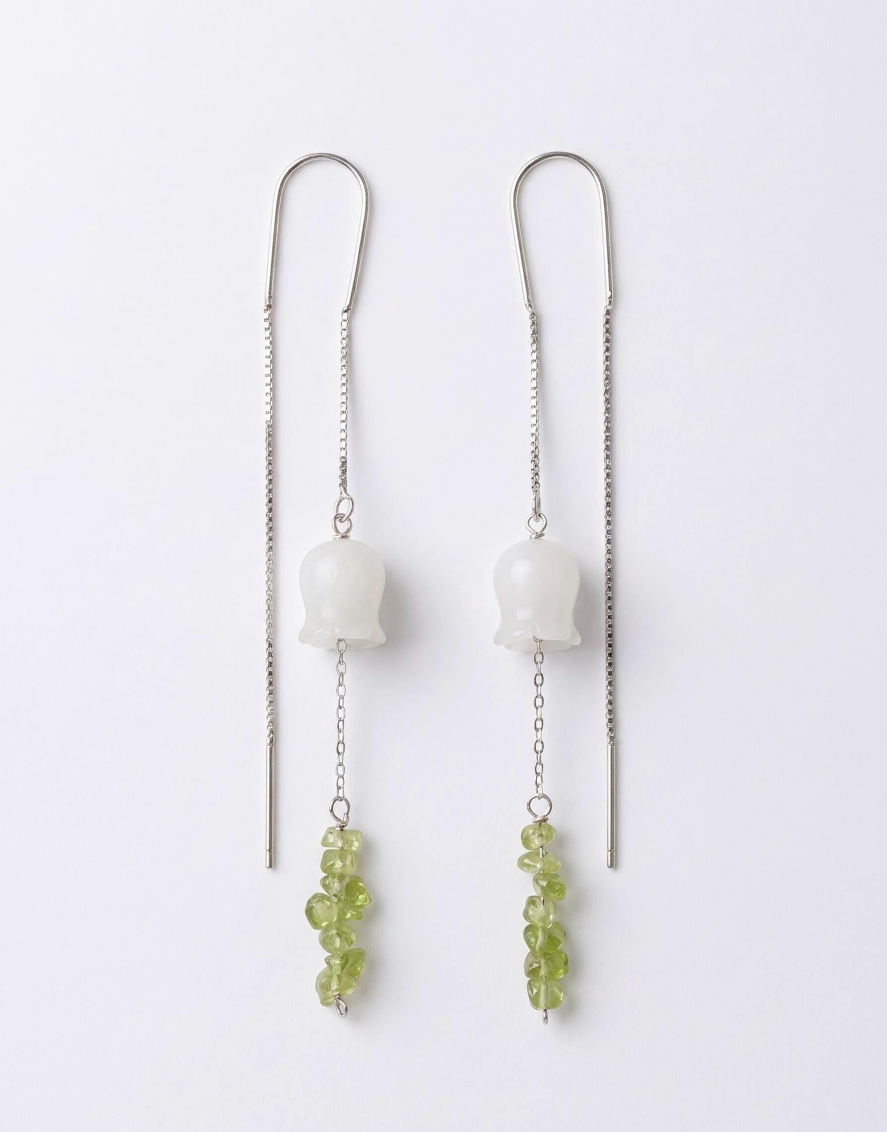 Lily of the Valley Jade Earrings, Natural Olivine Peridot Chip Threaders, Delicate Flower Dangle Earrings, Green and White Botanical Jewelry