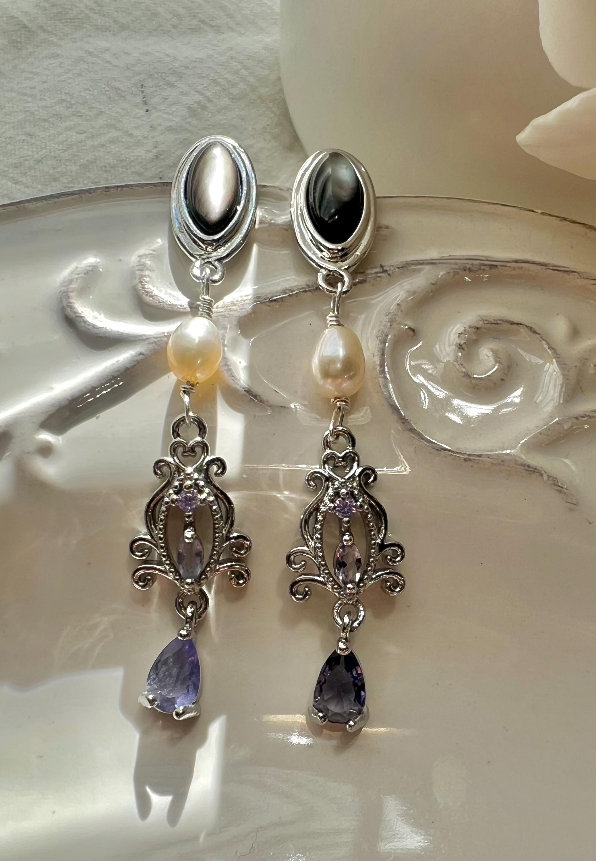 Black Mother of Pearl Pearl Amethyst Earrings, 925 Sterling Silver Dangle pearl earrings, Vintage Style Drop Earrings, Elegant Handmade