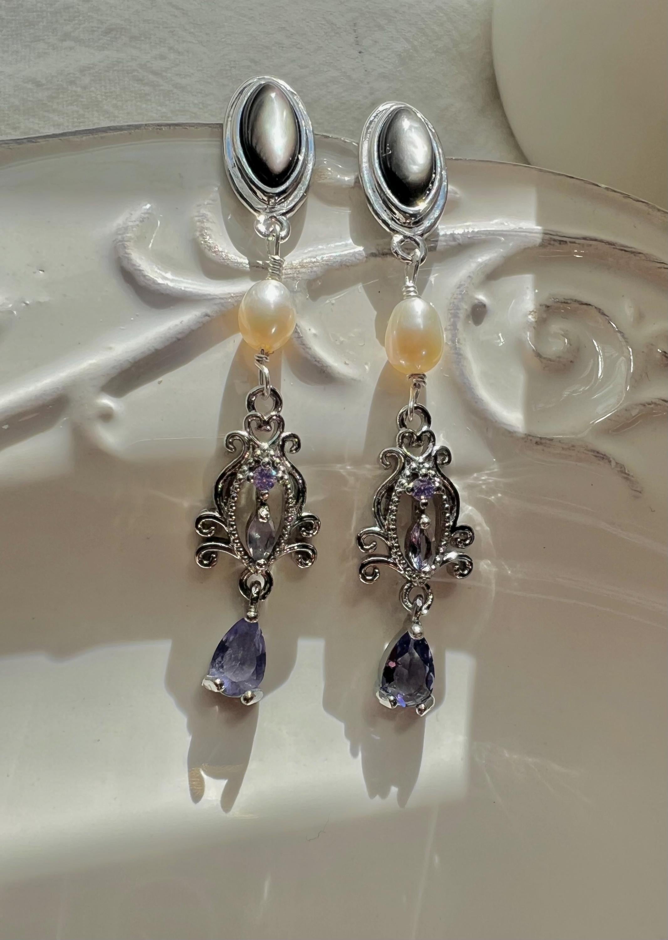 Black Mother of Pearl Pearl Amethyst Earrings, 925 Sterling Silver Dangle pearl earrings, Vintage Style Drop Earrings, Elegant Handmade