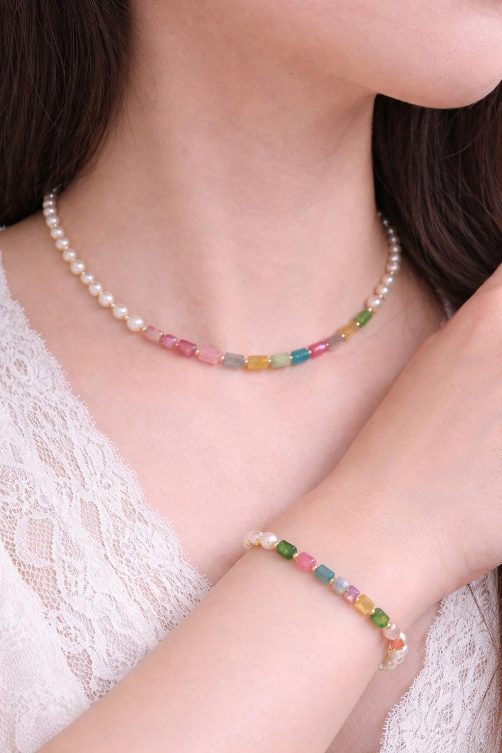 Natural freshwater Pearl & Multi-color Gemstone Choker and Bracelet Set. Pastel Paradise Necklace. 14K gold filled