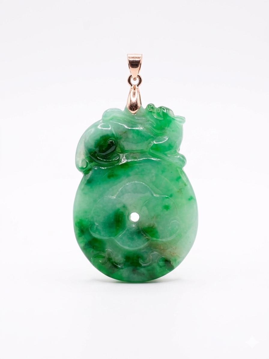 Hand-Carved Natural Green Jadeite Pendant in 18K Rose Gold Mythic Heritage – Intricate Dragon & Phoenix