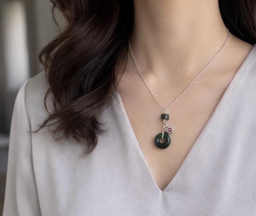 Jade Safety Disc Necklace, Ping An Kou Pendant, Green Jadeite Jewelry, Silver Charm Necklace. Oriental Minimalism