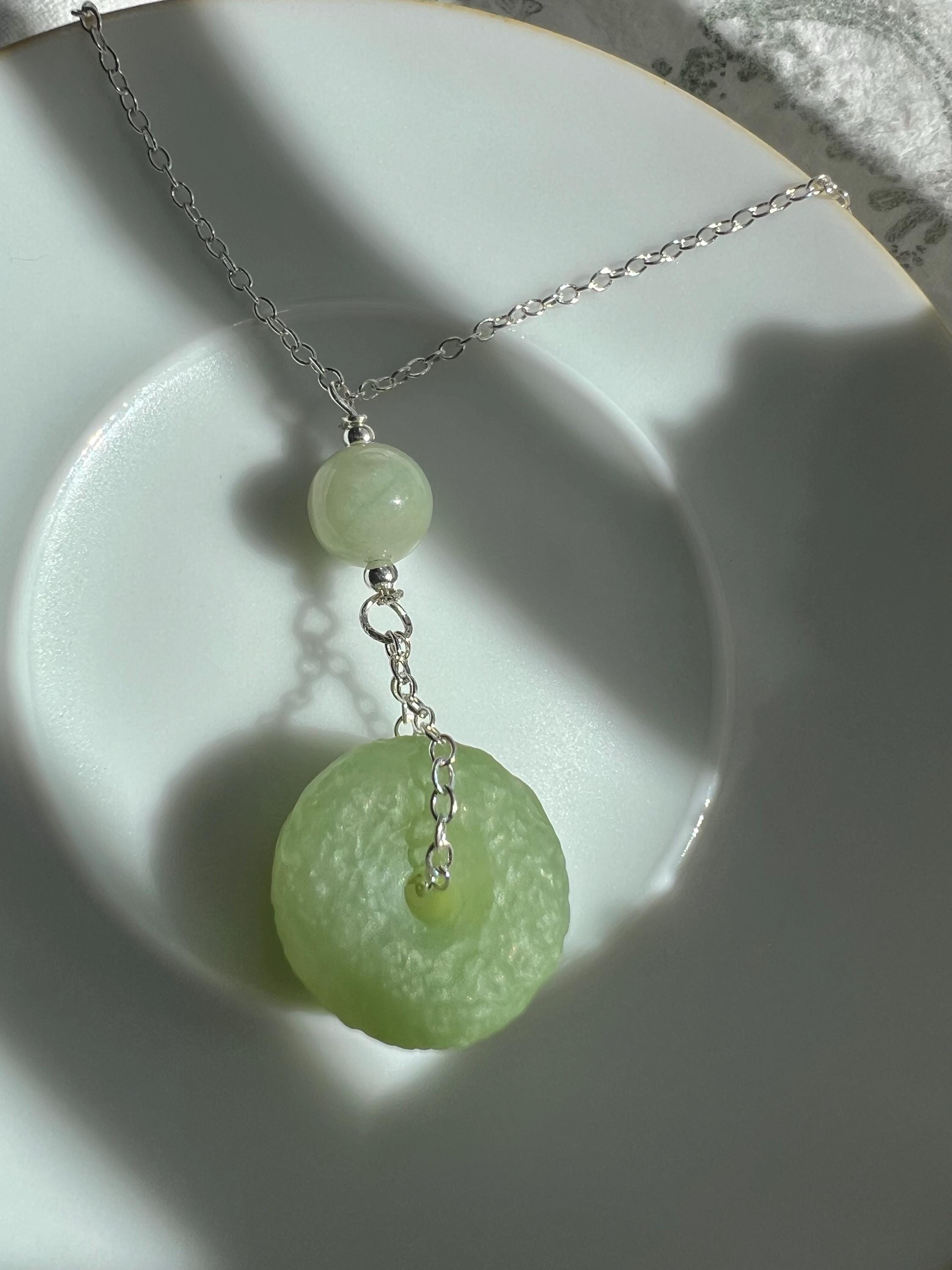 Natural Light Green Jade Pendant Necklace - Minimalist Zen Circle Jewelry in Sterling Silver - Meaningful Protection Gift for Her