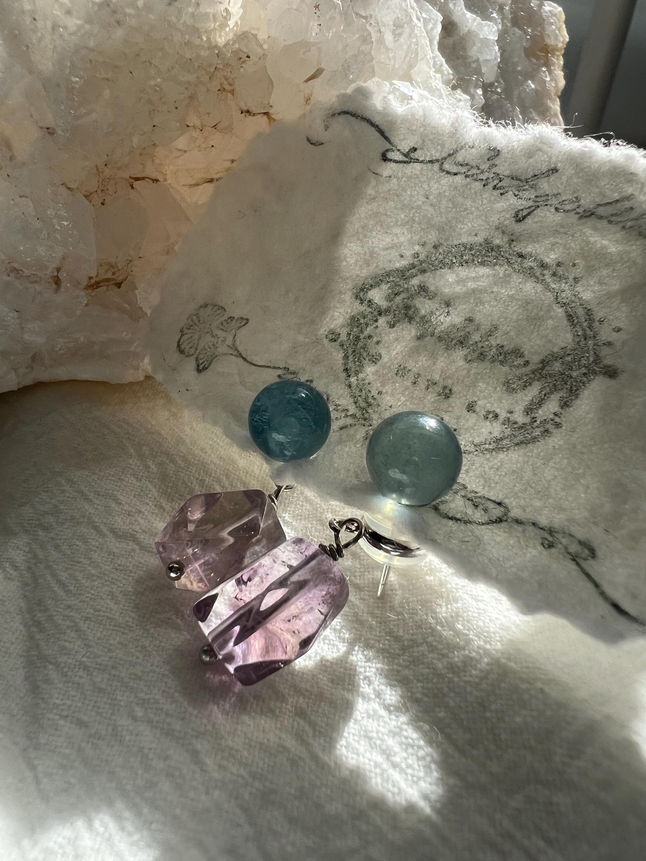 Convertible 2-in-1 Gemstone Earrings - Teal Bead Studs with Removable Raw Purple Stone Drops - Two Ways to Wear