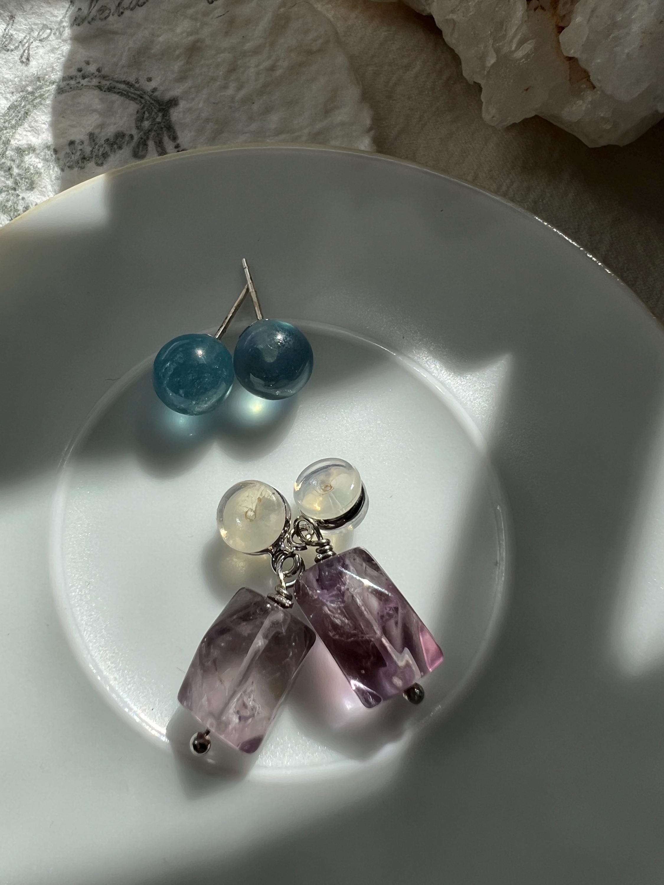 Convertible 2-in-1 Gemstone Earrings - Teal Bead Studs with Removable Raw Purple Stone Drops - Two Ways to Wear