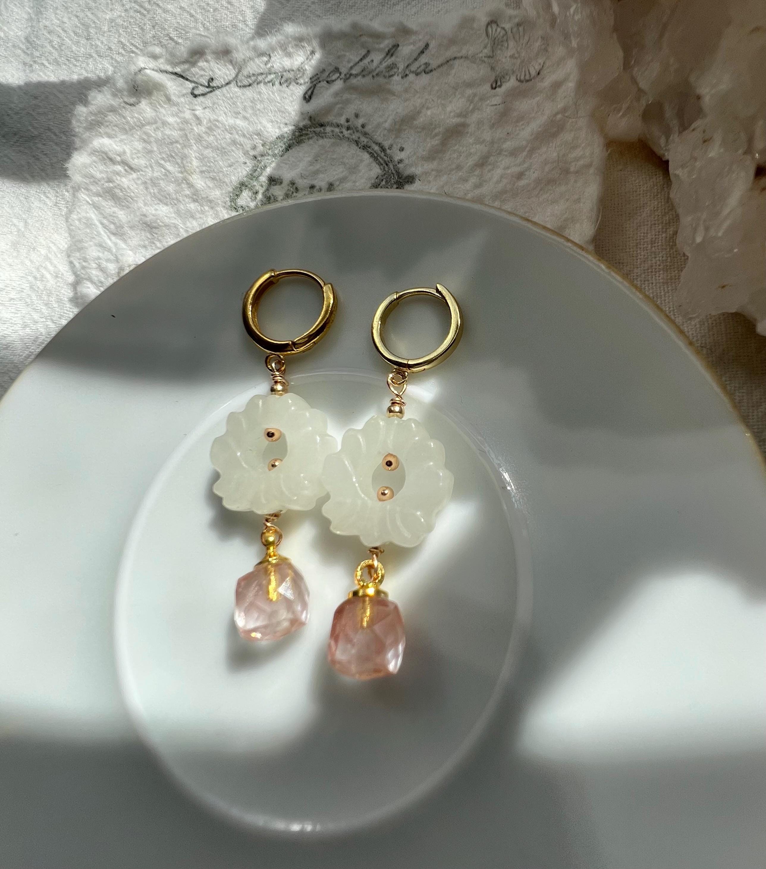 Gold Vermeil Carved White Jade Flower Drop Earrings, Faceted Pink Tourmaline or Ametrine Nugget, Minimalist Dainty Dangle, March birthstone.