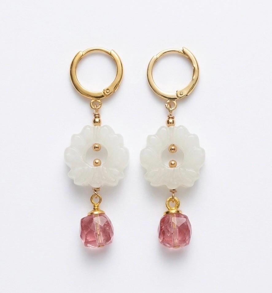 Gold Vermeil Carved White Jade Flower Drop Earrings, Faceted Pink Tourmaline or Ametrine Nugget, Minimalist Dainty Dangle, March birthstone.