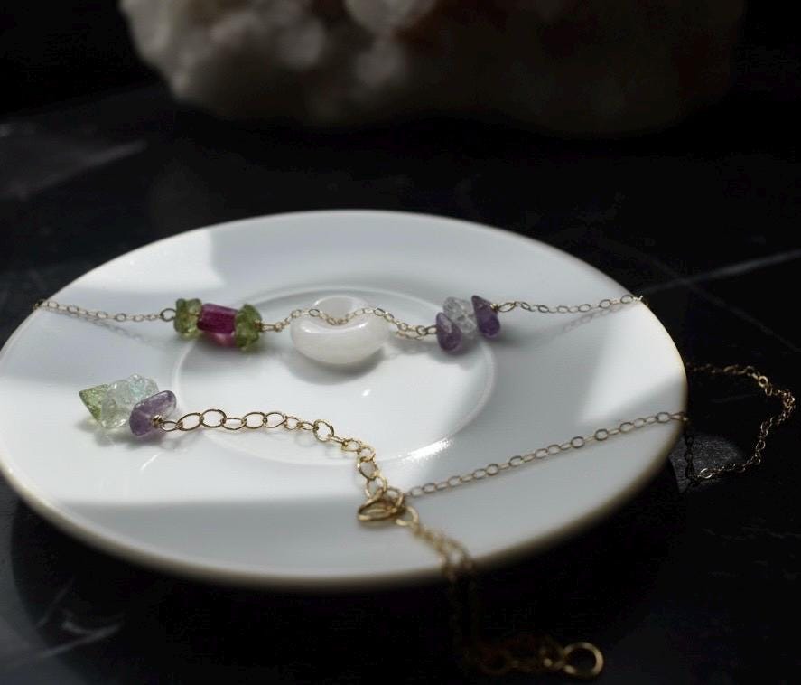 Multi Gemstone Choker Necklace, Gold Filled or Sterling Silver, Peridot Rubellite Amethyst Chips, White Jade Ring, Tourmaline Necklace
