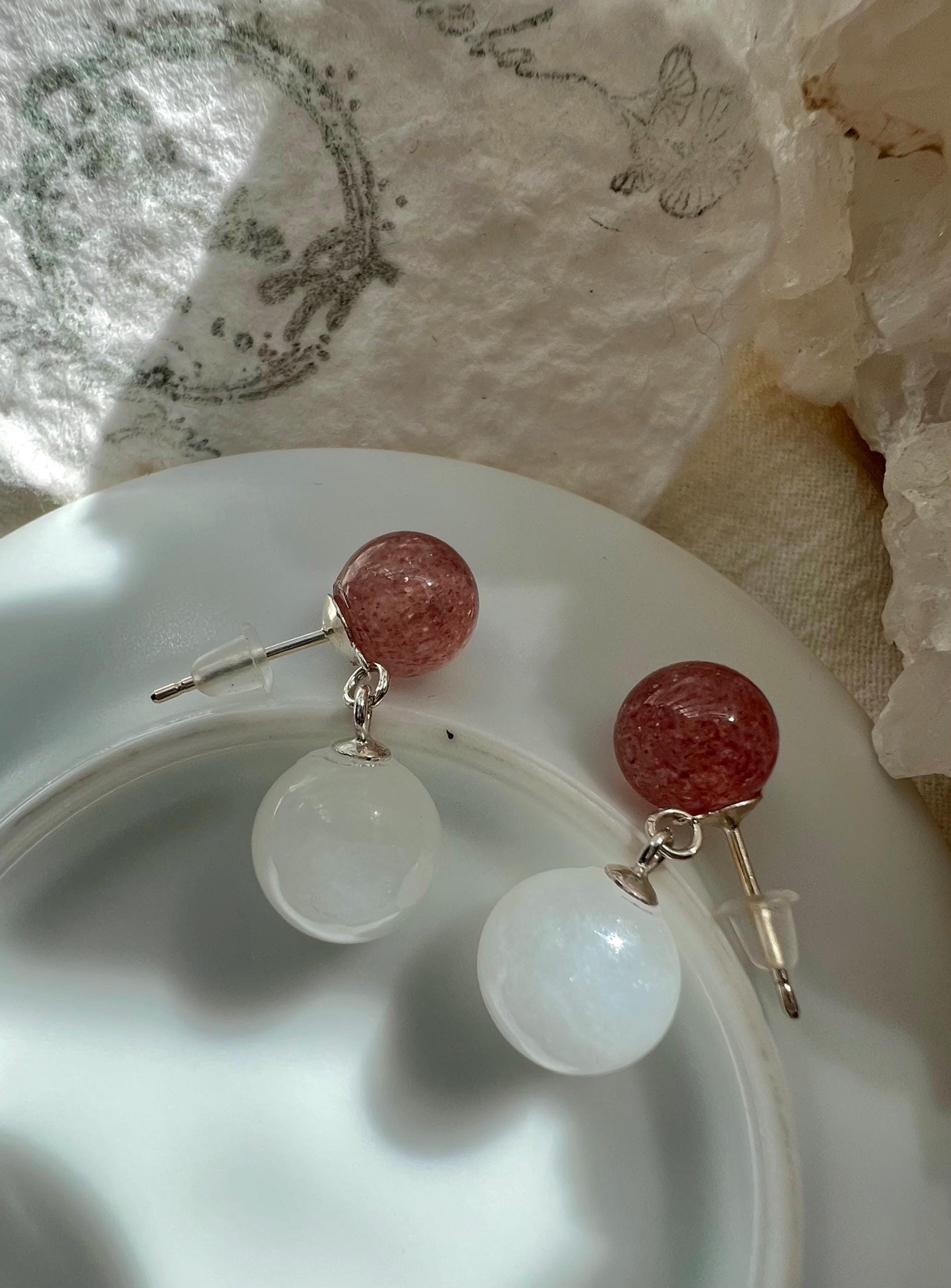 Strawberry quartz Aquamarine jade Drop Earrings, Double Ball Post, minimalist Light Blue Jade Dangle, March Birthstone gift