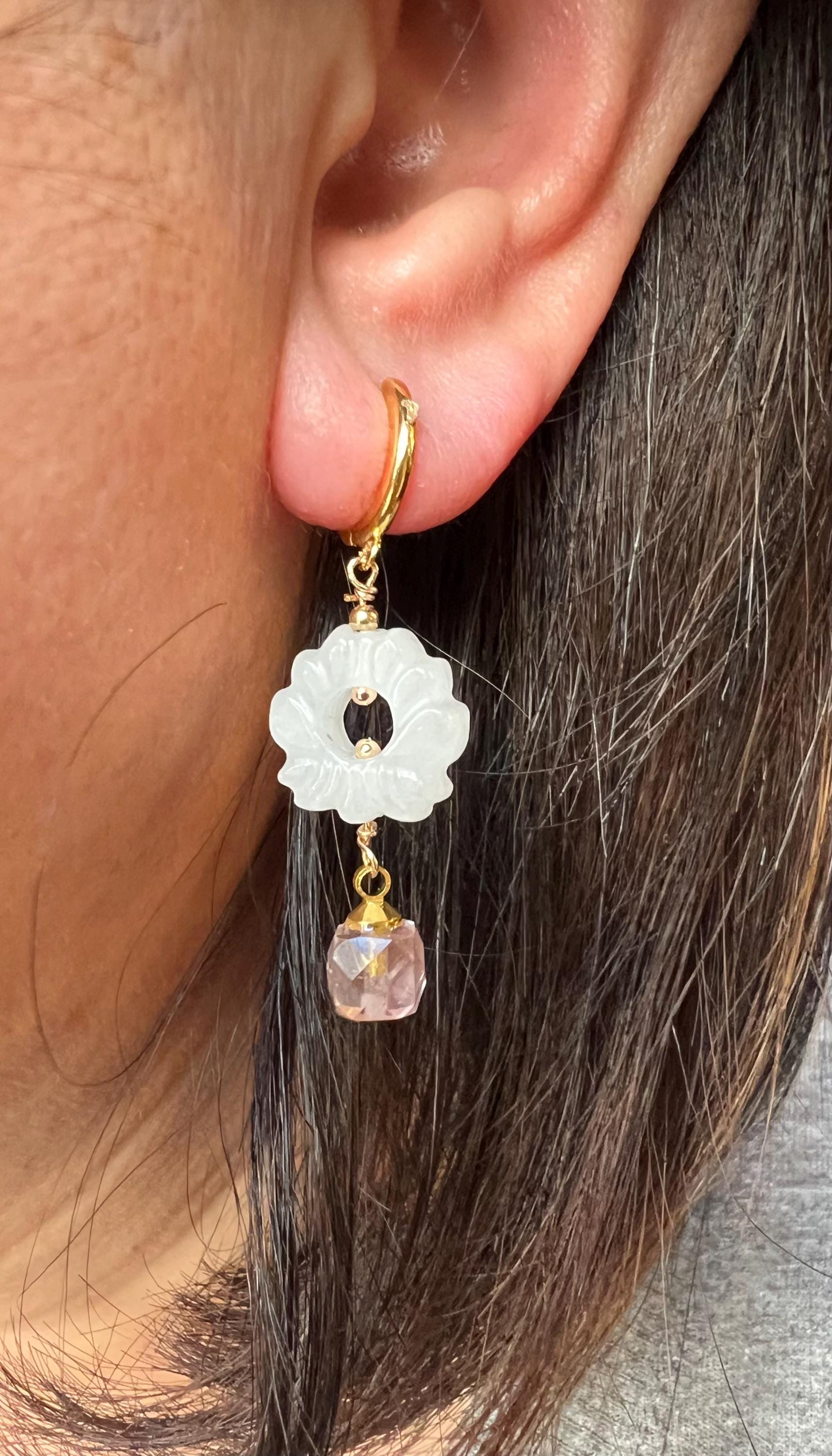 Gold Vermeil Carved White Jade Flower Drop Earrings, Faceted Pink Tourmaline or Ametrine Nugget, Minimalist Dainty Dangle, March birthstone.