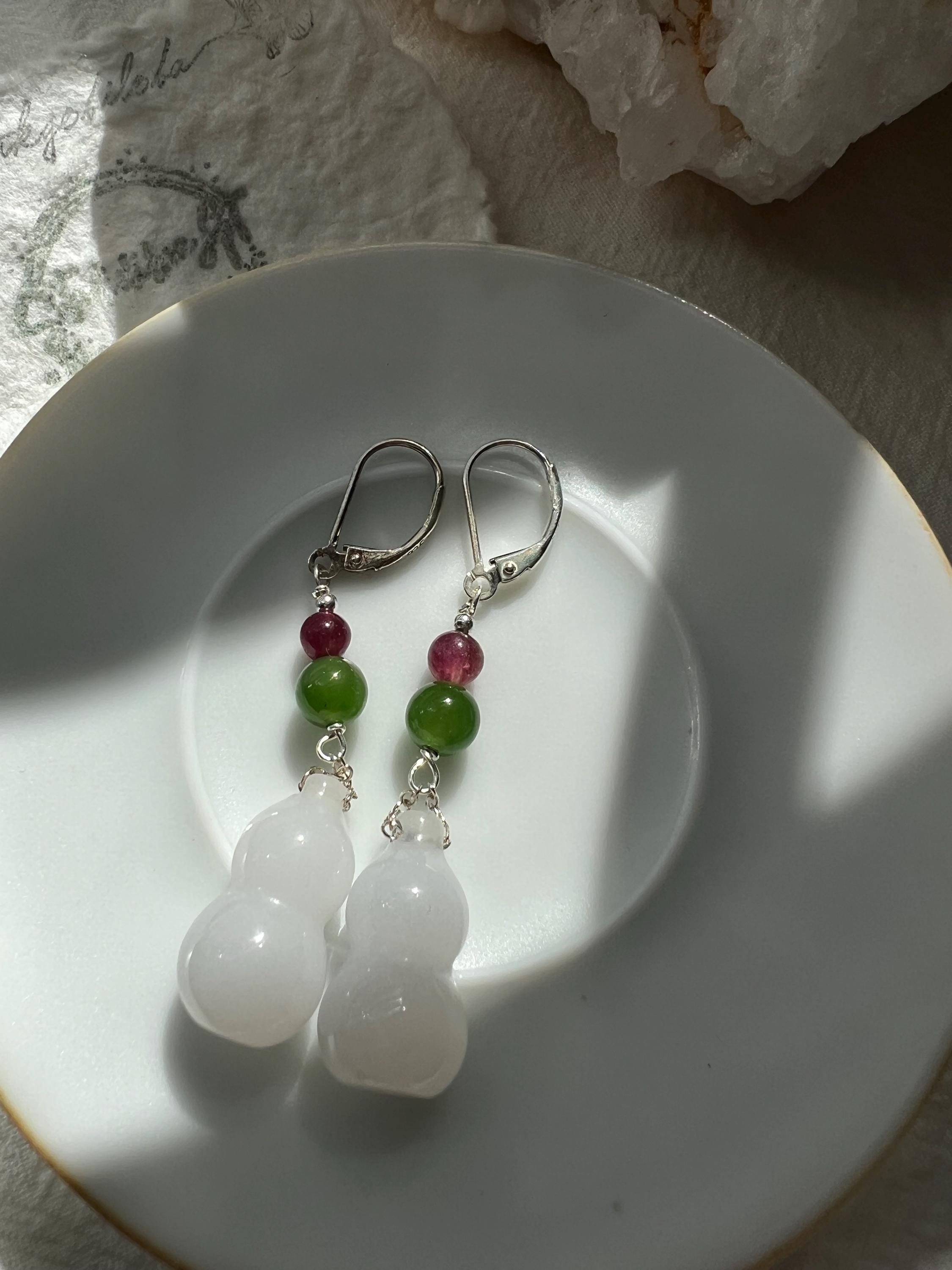 Natural Jade Wu Lou Gourd Dangle Earrings, Ruby Red Tourmaline and Green Nephrite Accents, Sterling Silver Dangle, Cultural Good Luck