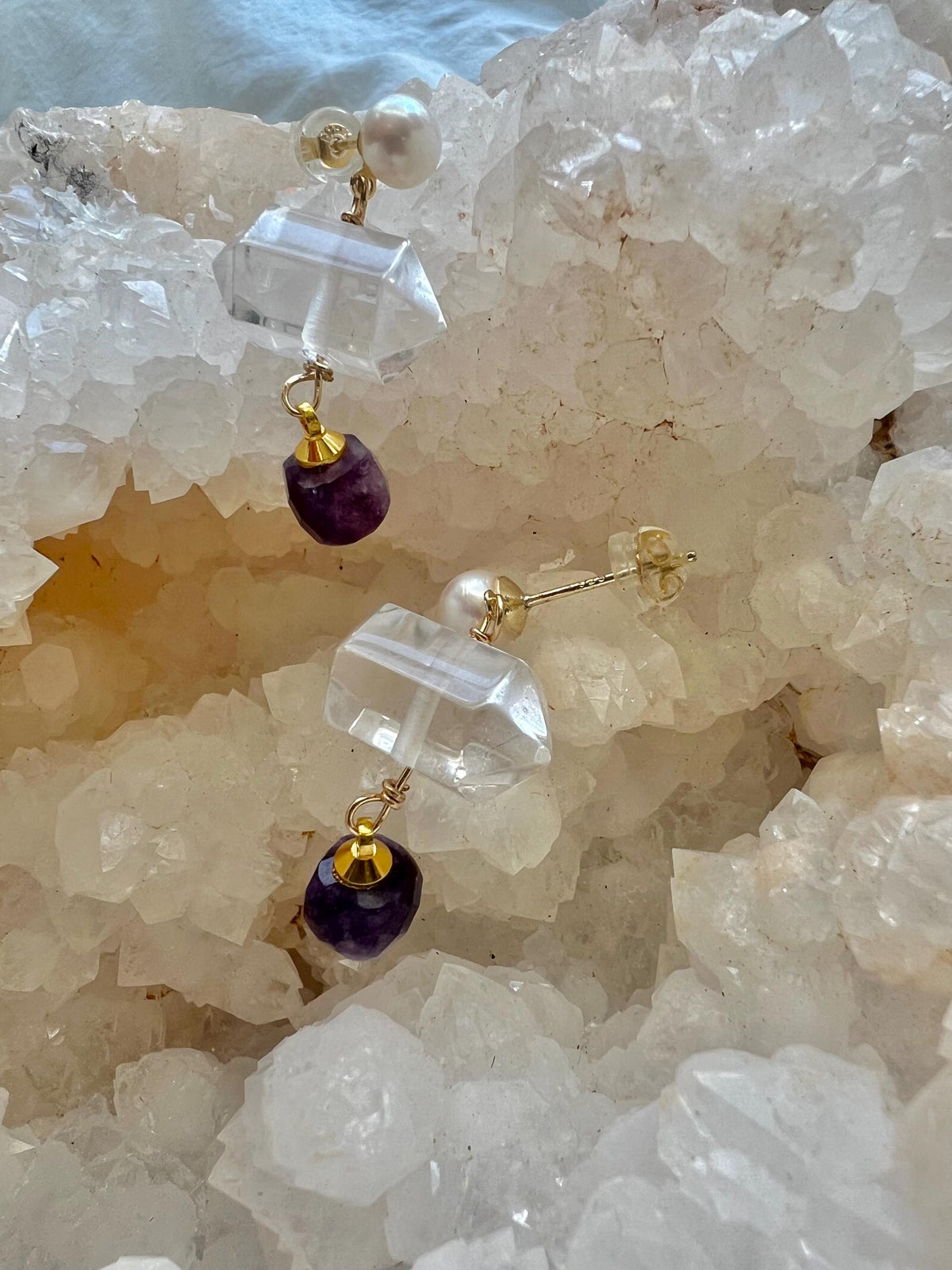 Raw Crystal & Freshwater Pearl Earrings