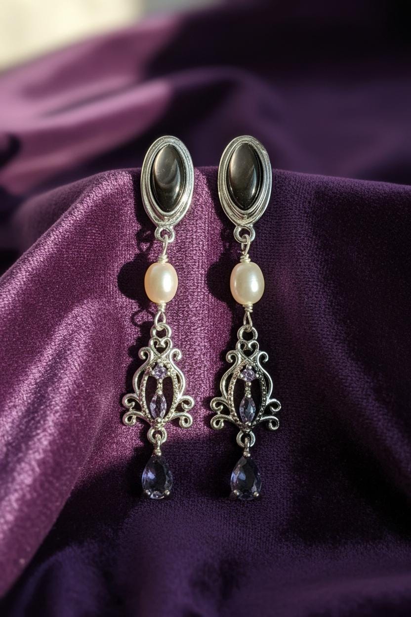 Black Mother of Pearl Pearl Amethyst Earrings, 925 Sterling Silver Dangle pearl earrings, Vintage Style Drop Earrings, Elegant Handmade