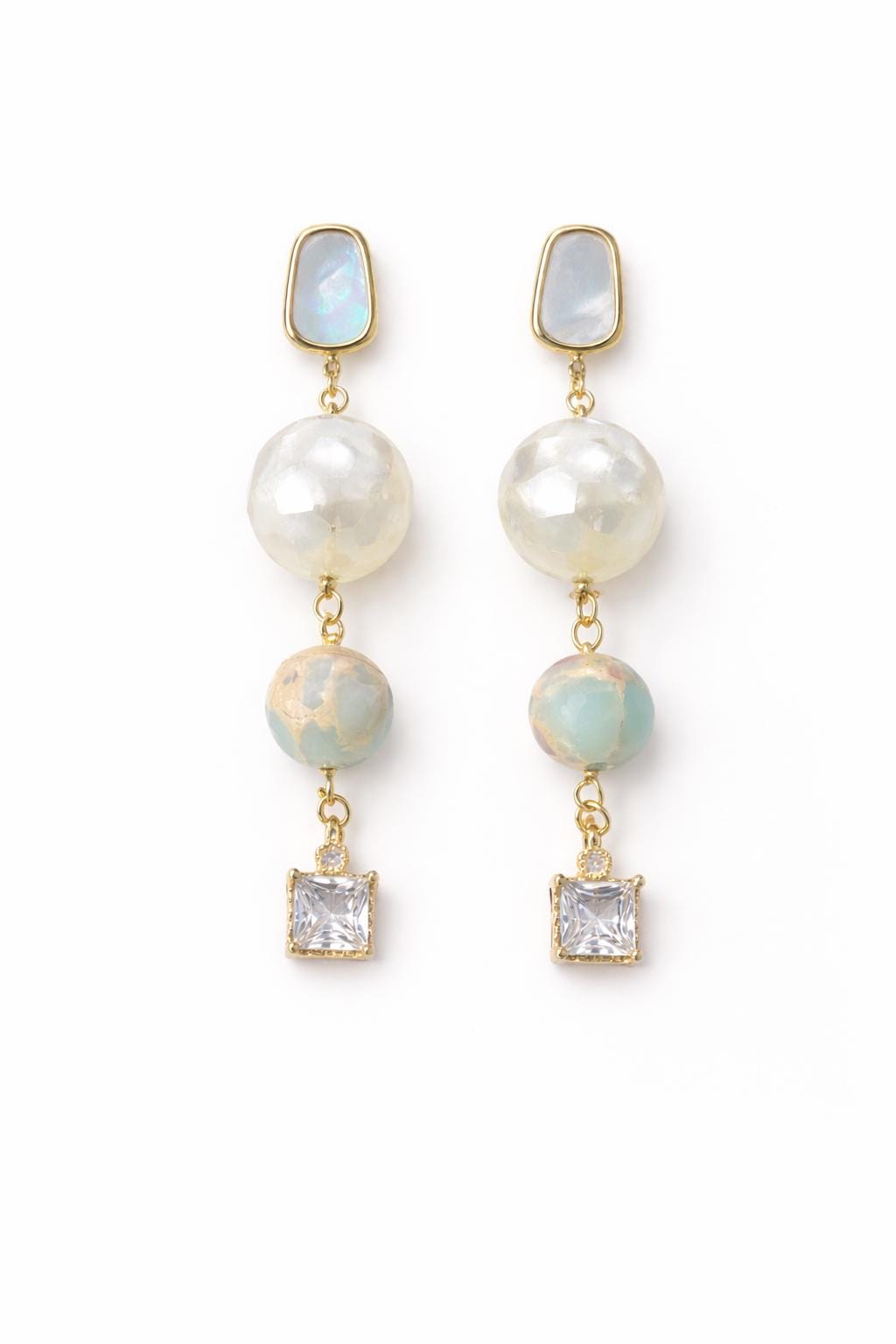 Amazonite and Mother of Pearl Drop Earrings, Geometric MOP Dangle, Natural Blue Stone Jewelry, White Shell Mosaic Earrings, Gold Plated Boho