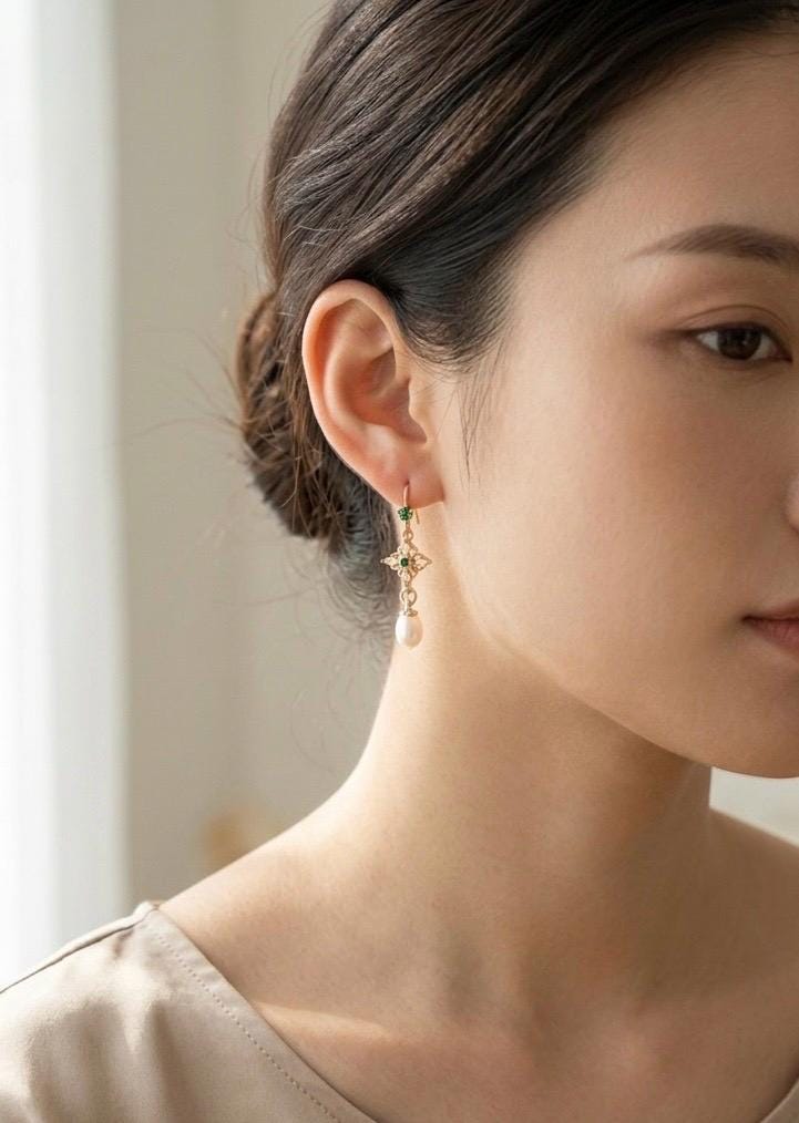Vintage Pearl Drop Earrings, Green Gemstone Floral Earrings, Gold Dainty Bridal Earrings, Small Elegant Pearl Earrings, Gift for Her