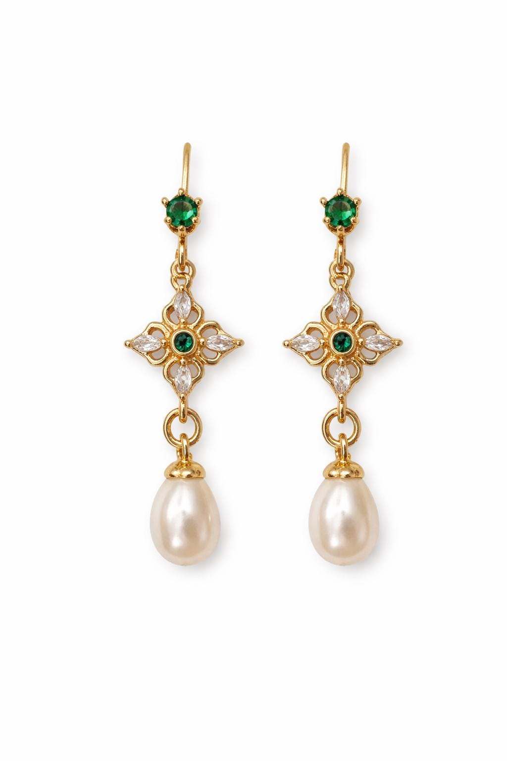 Vintage Pearl Drop Earrings, Green Gemstone Floral Earrings, Gold Dainty Bridal Earrings, Small Elegant Pearl Earrings, Gift for Her
