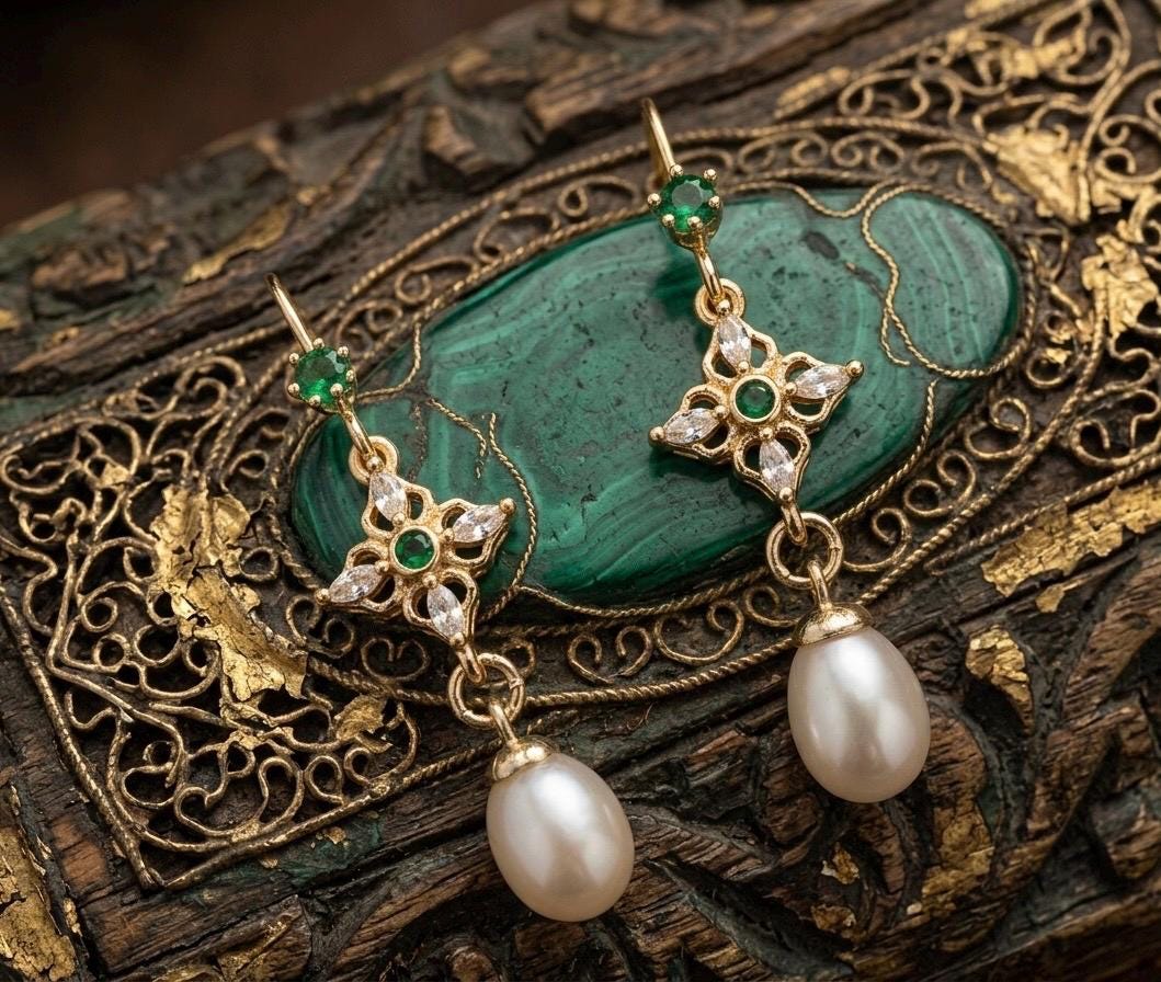 Vintage Pearl Drop Earrings, Green Gemstone Floral Earrings, Gold Dainty Bridal Earrings, Small Elegant Pearl Earrings, Gift for Her