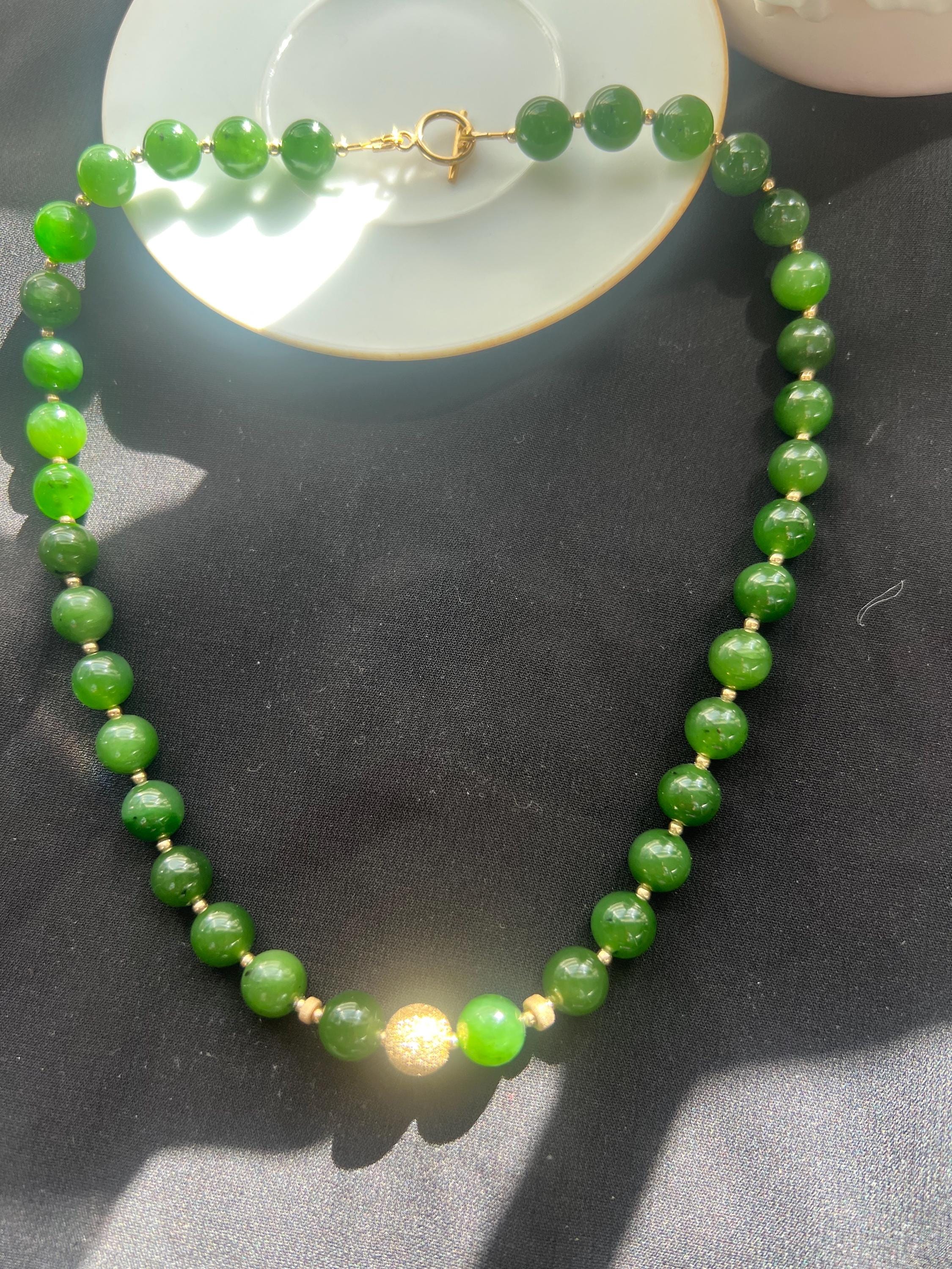 Green Jade Bead Necklace with Gold Accent, Minimalist Jade Necklace, Handmade Gemstone Necklace, Elegant Jade Jewelry Gift